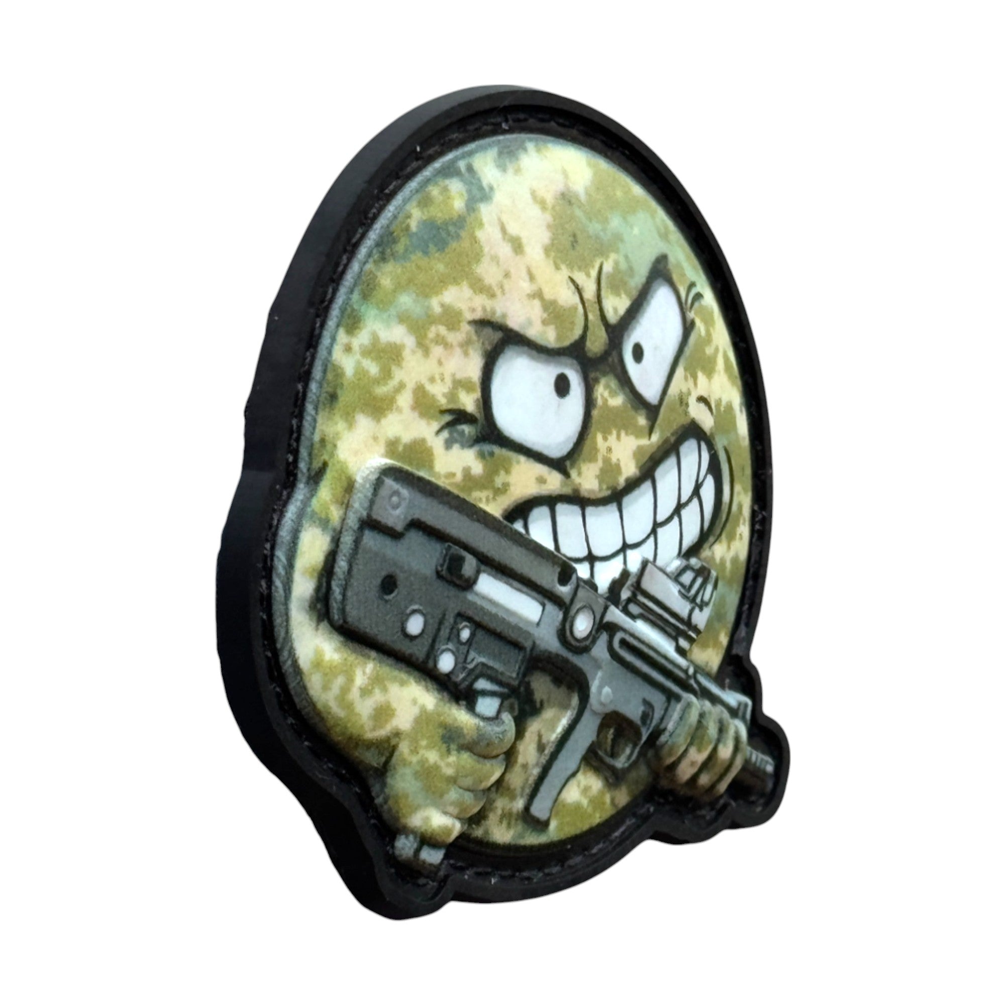 camo face emoji holding a rifle on a tactical military 3D PVC Hook and loop patch. Side view. Ideal for adding a unique and fun touch to your gear