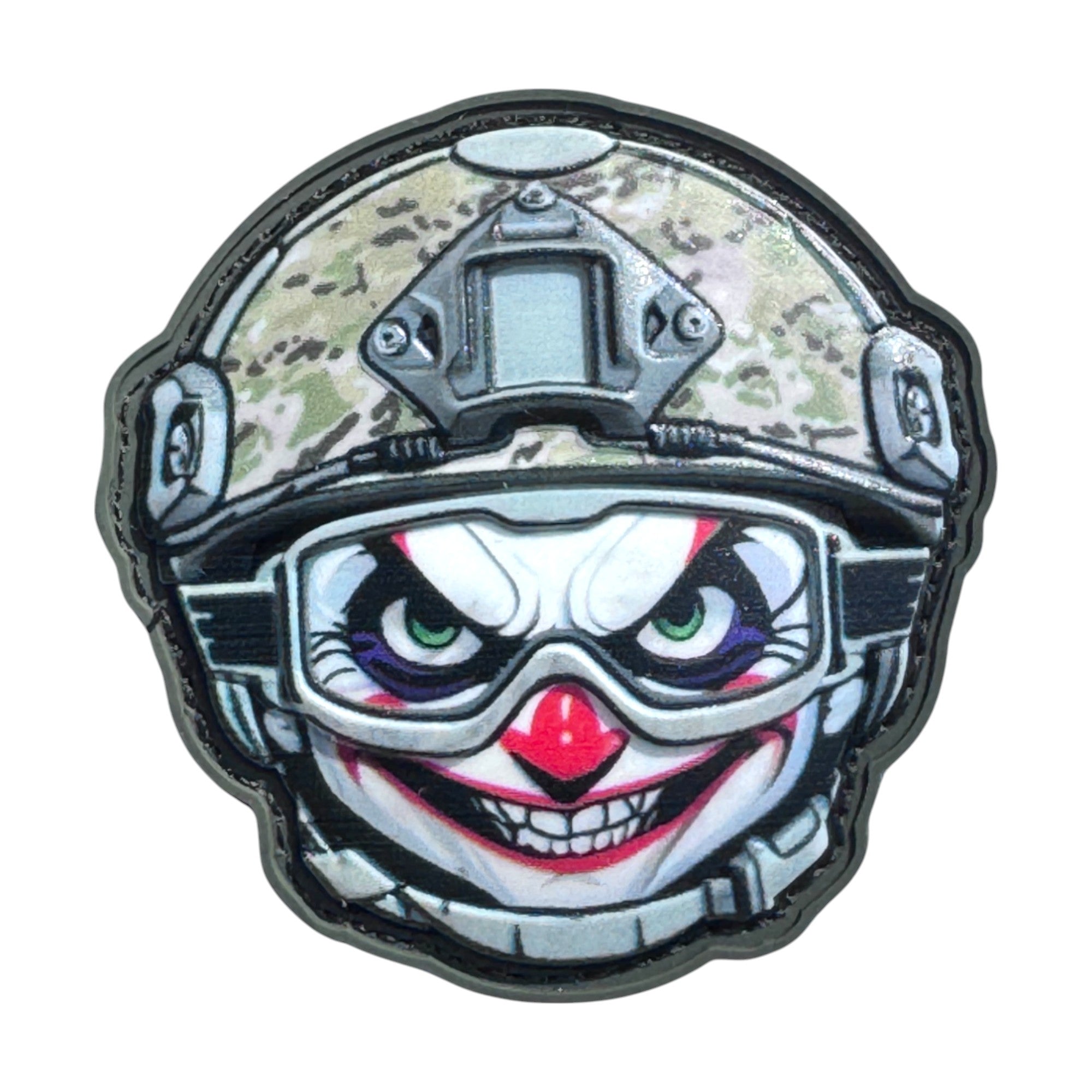 clown with red nose emoji wearing a combat helmet on a tactical military 3D PVC Hook and loop patch. Ideal for adding a unique and fun touch to your gear.