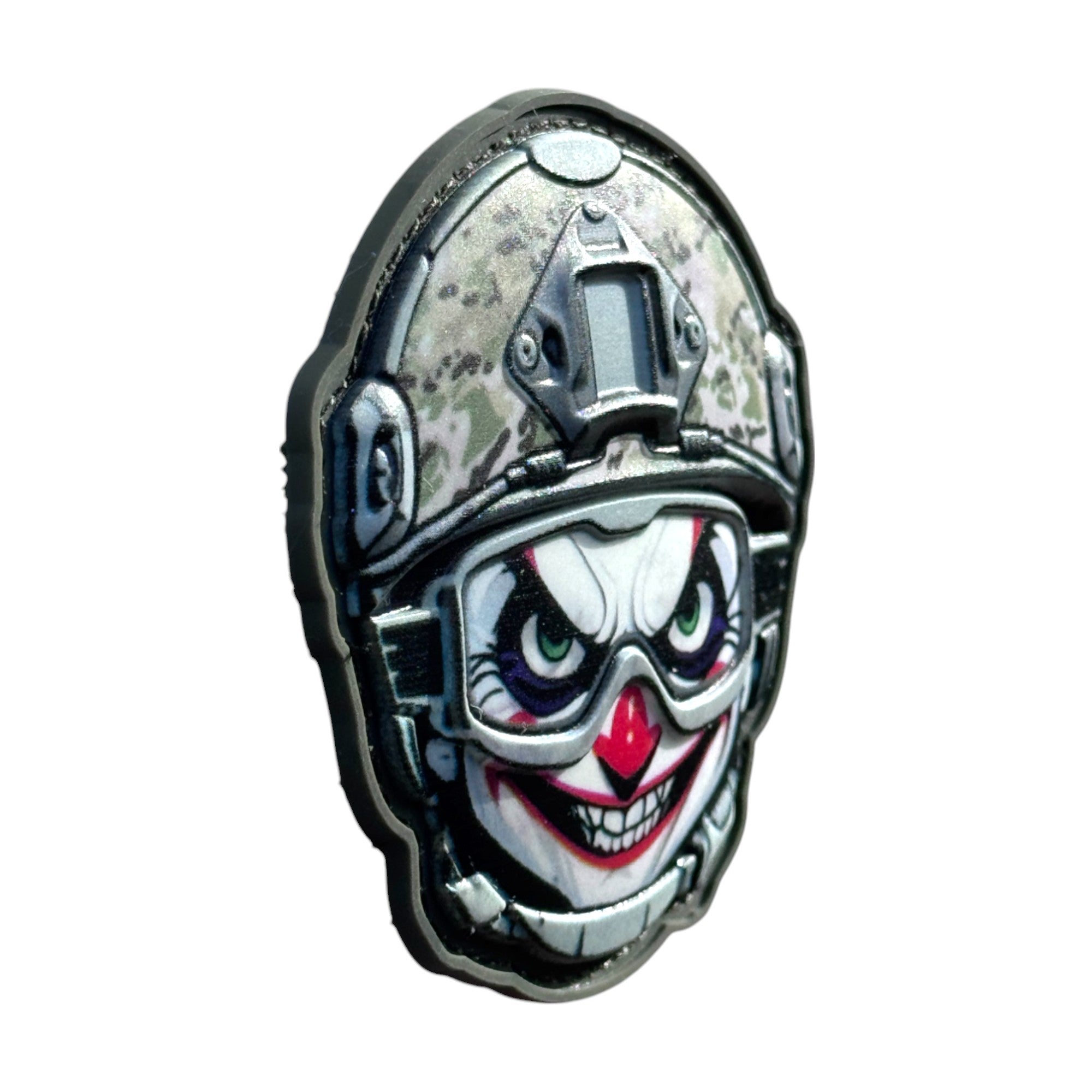 clown with red nose emoji wearing a combat helmet on a tactical military 3D PVC Hook and loop patch. Side View. Ideal for adding a unique and fun touch to your gear.