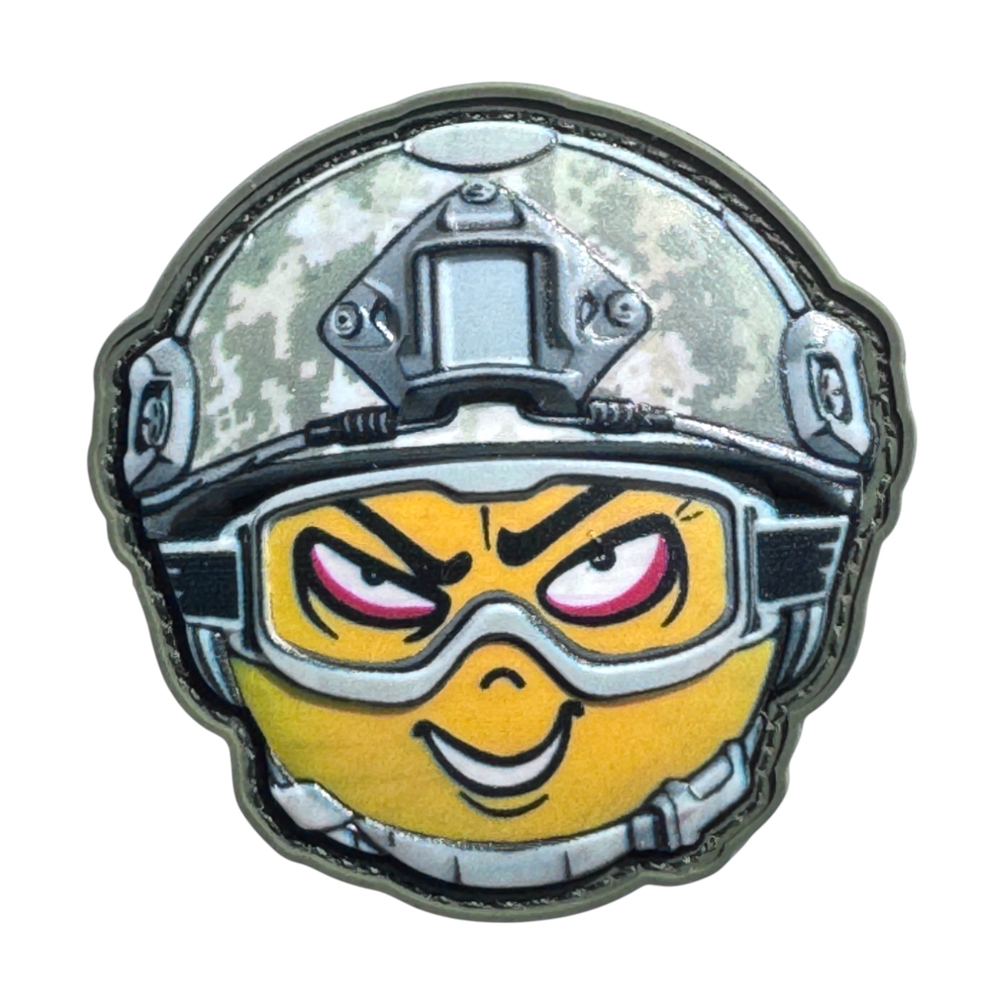 "Sneaky yellow emoji with wearing a combat helmet on a tactical military 3D PVC Hook and loop patch. side view. Ideal for adding a unique and fun touch to your gear.