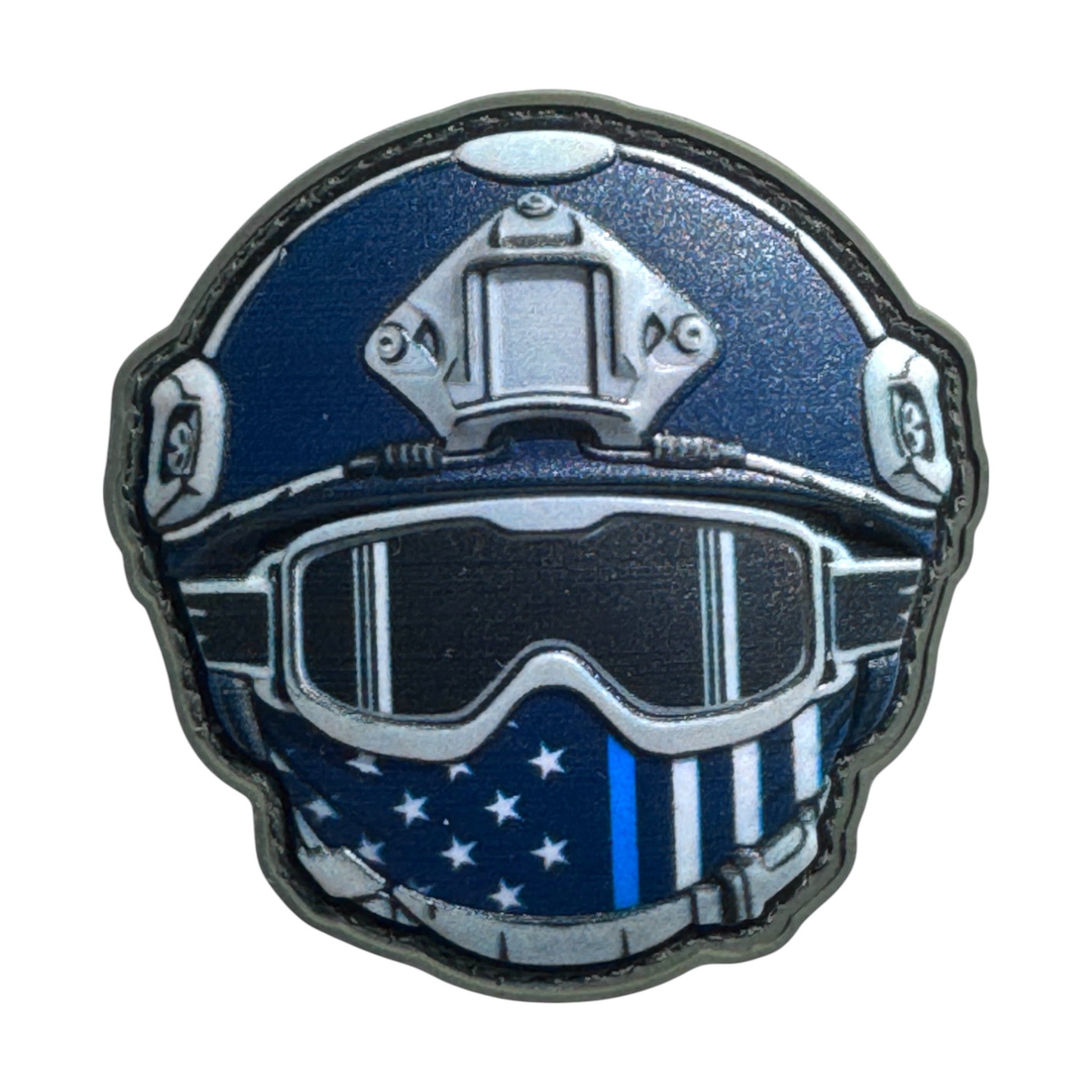 Soldier with black and blue USA flag mask emoji wearing a combat helmet on a tactical military 3D PVC Hook and loop patch. Ideal for adding a unique and fun touch to your gear.