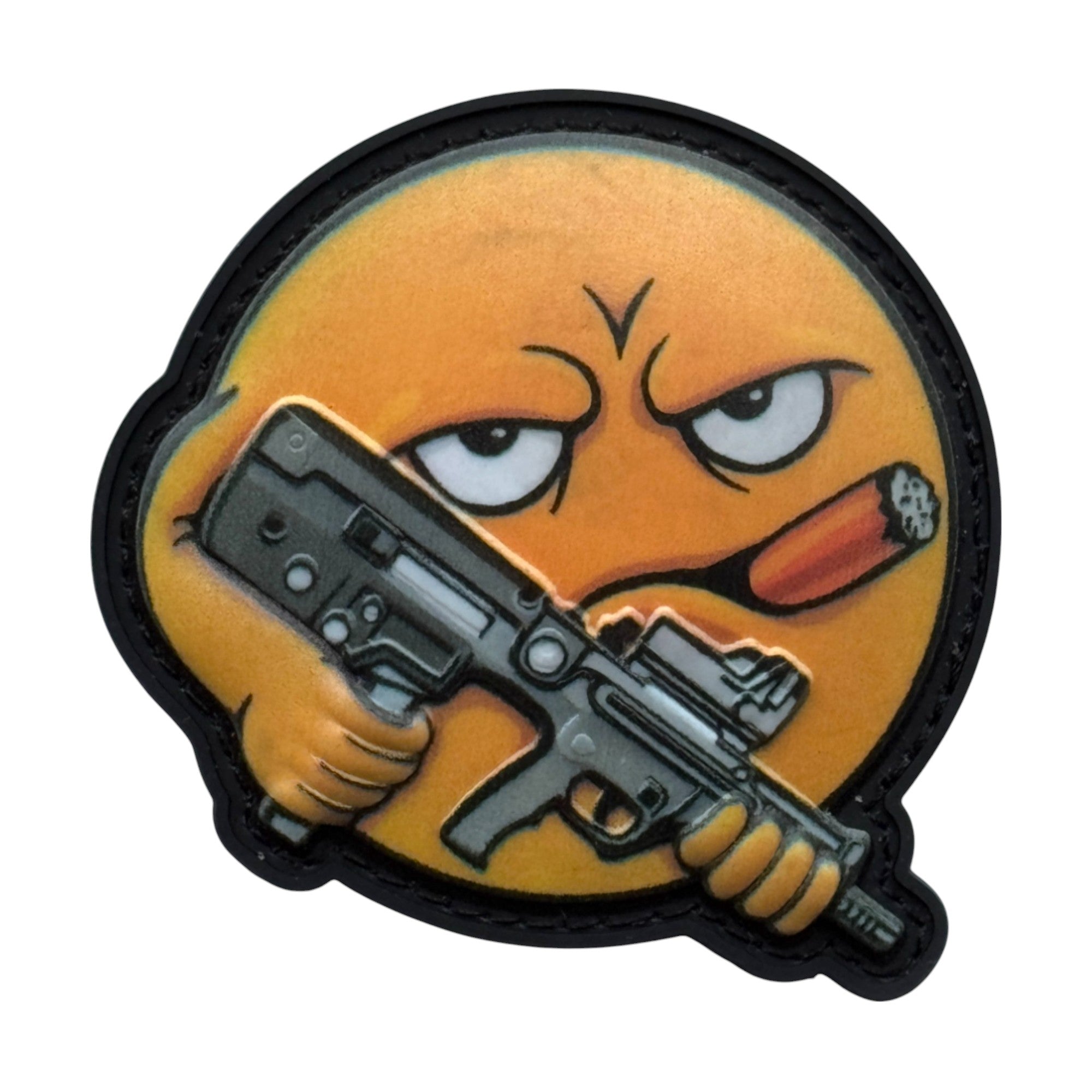 yellow emoji with cigar holding a rifle on a tactical military 3D PVC Hook and loop patch. Ideal for adding a unique and fun touch to your gear