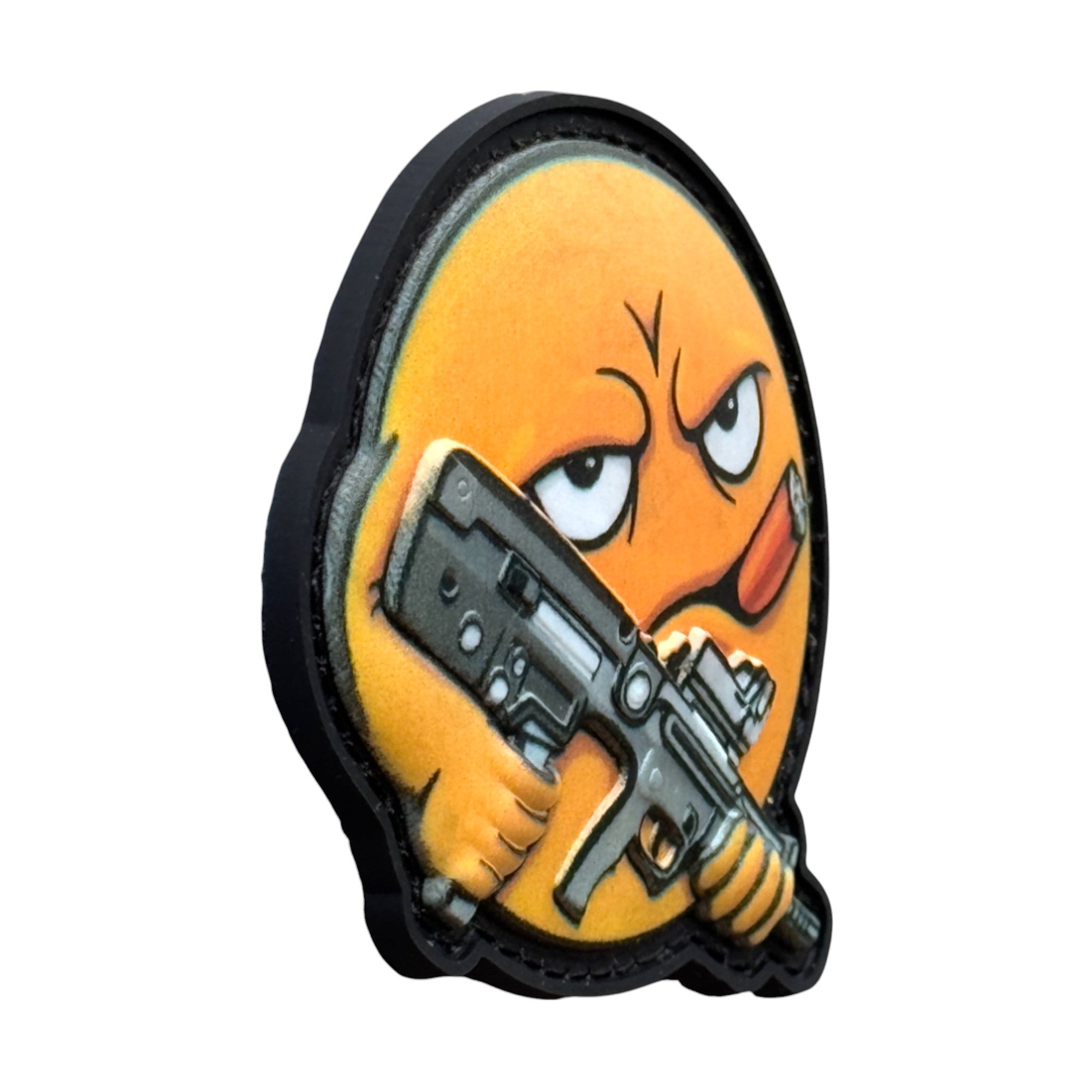 yellow emoji with cigar holding a rifle on a tactical military 3D PVC Hook and loop patch. Side view. Ideal for adding a unique and fun touch to your gear
