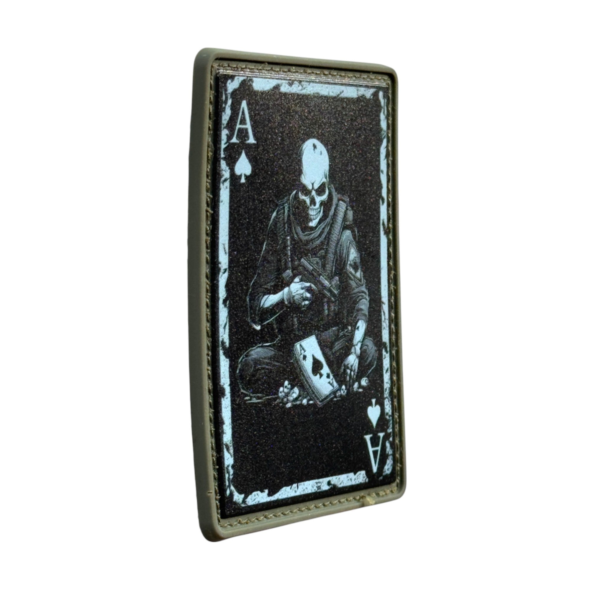 Ace reaper skull on rectangle tactical military 3D PVC Hook and loop patch. Side view