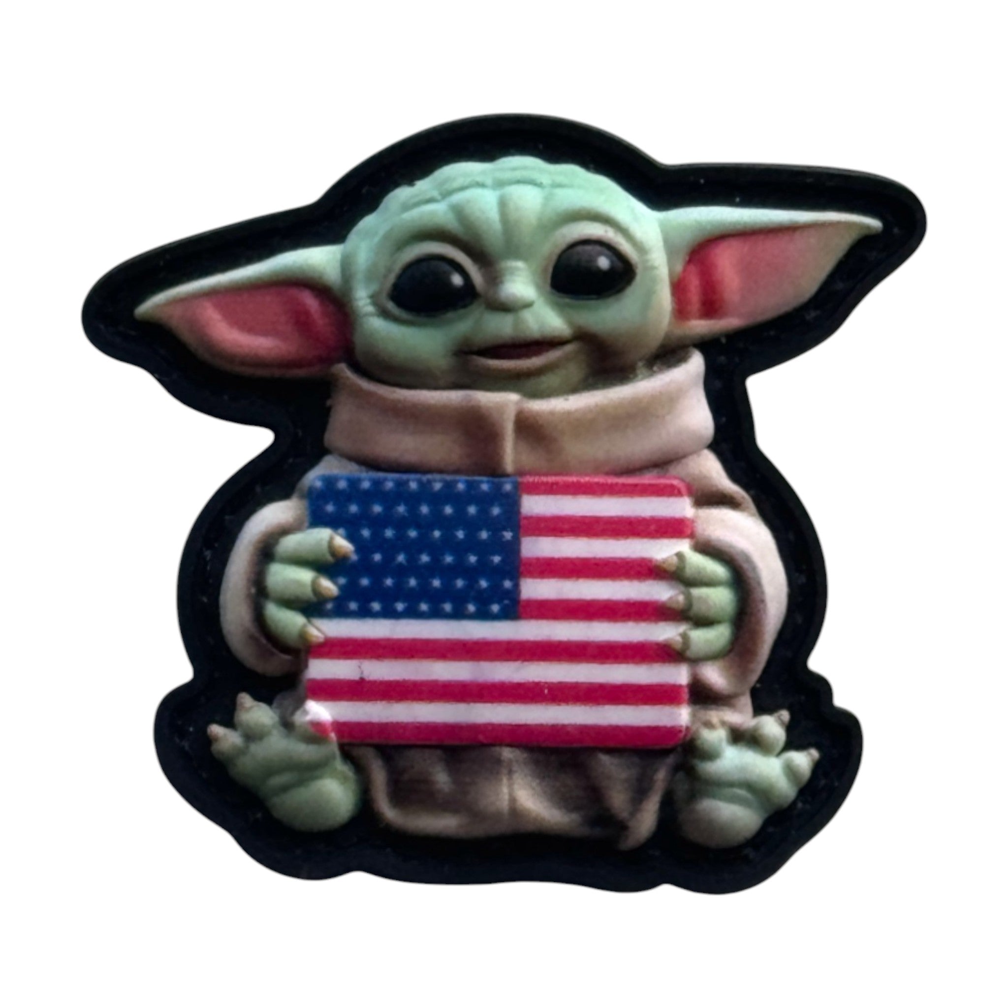 Baby Yoda holding USA flagon a tactical military 3D PVC Hook and Loop patch. Side view