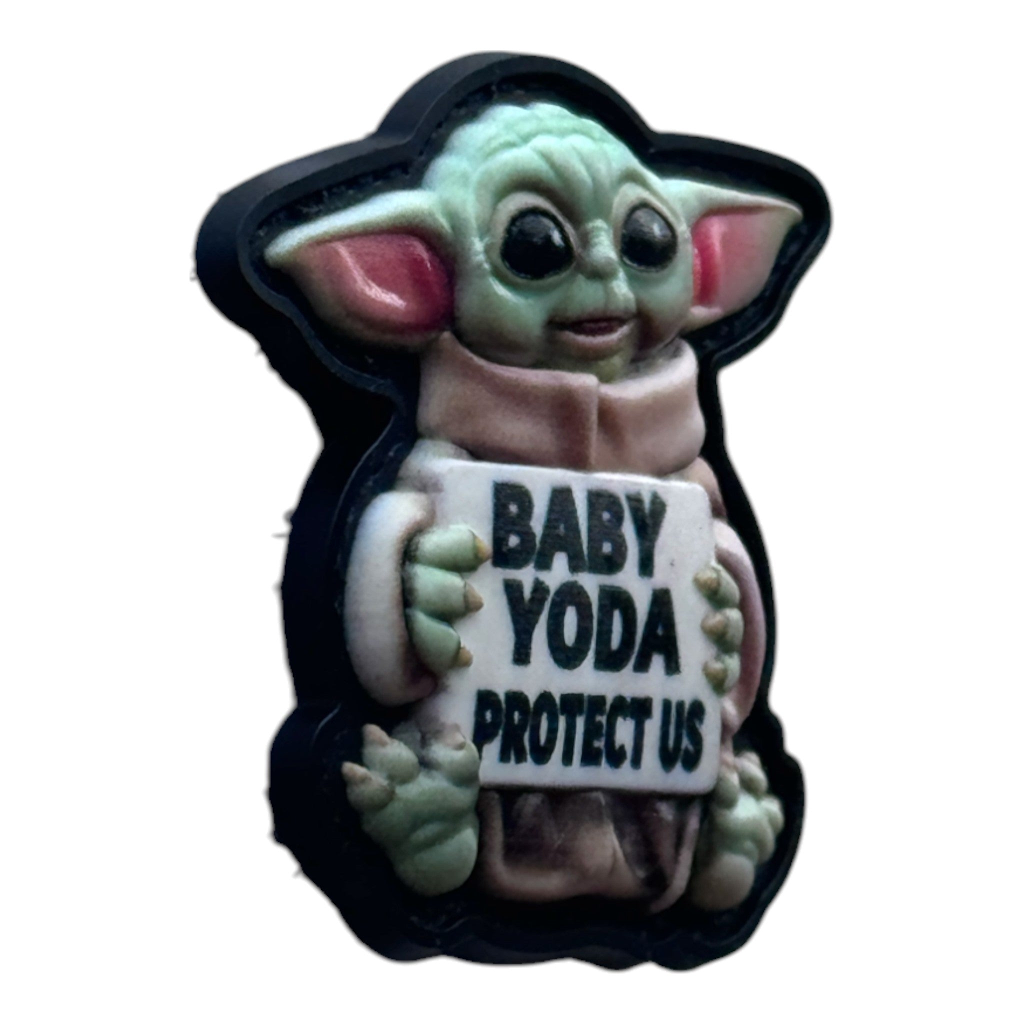 Baby Yoda holding a banner that says 'Baby Yoda Protect Us' on a tactical military 3D PVC Velcro patch. Side view.