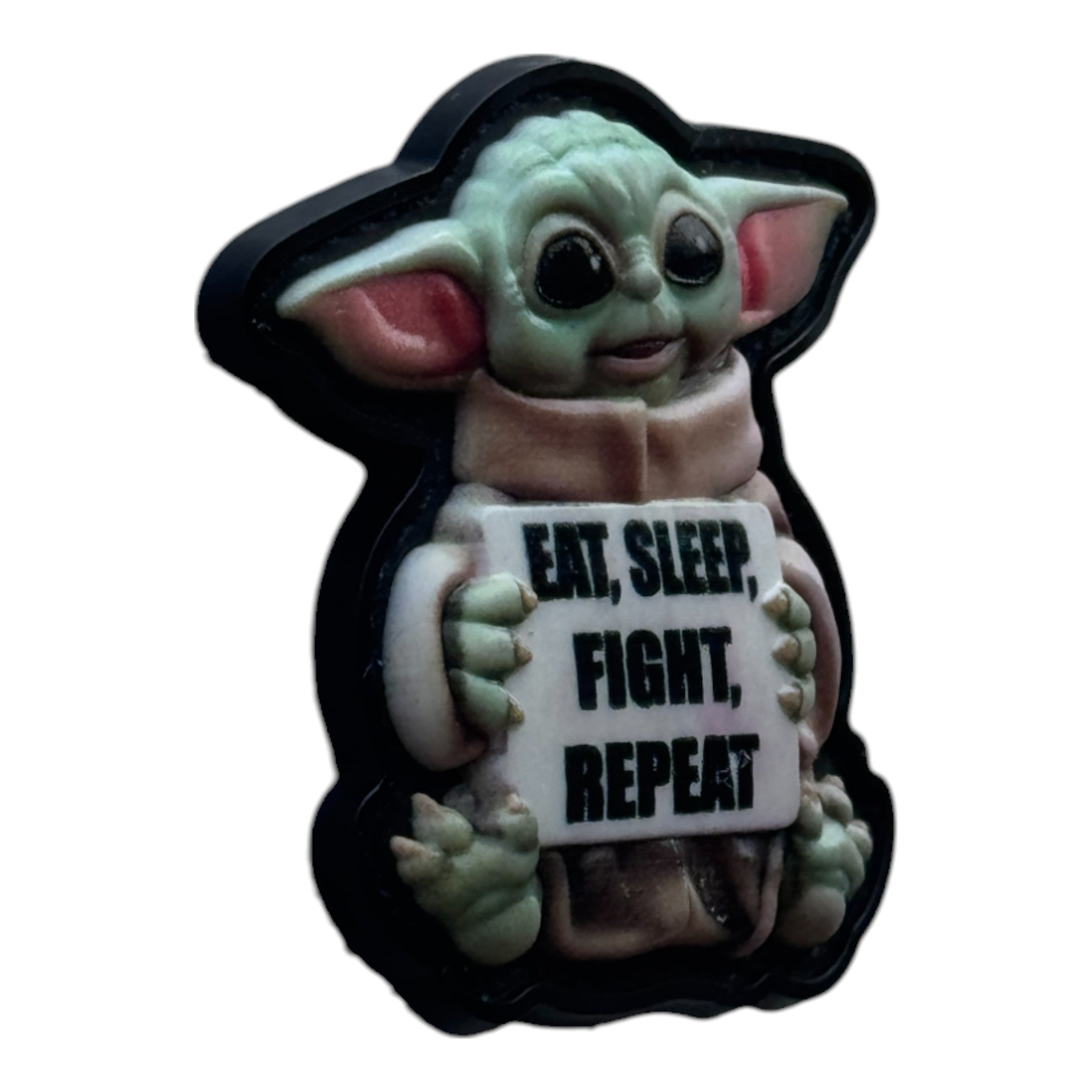Baby Yoda holding a banner that says 'eat, sleep, fight, repeat' on a tactical military 3D PVC Hook and Loop patch. Side view
