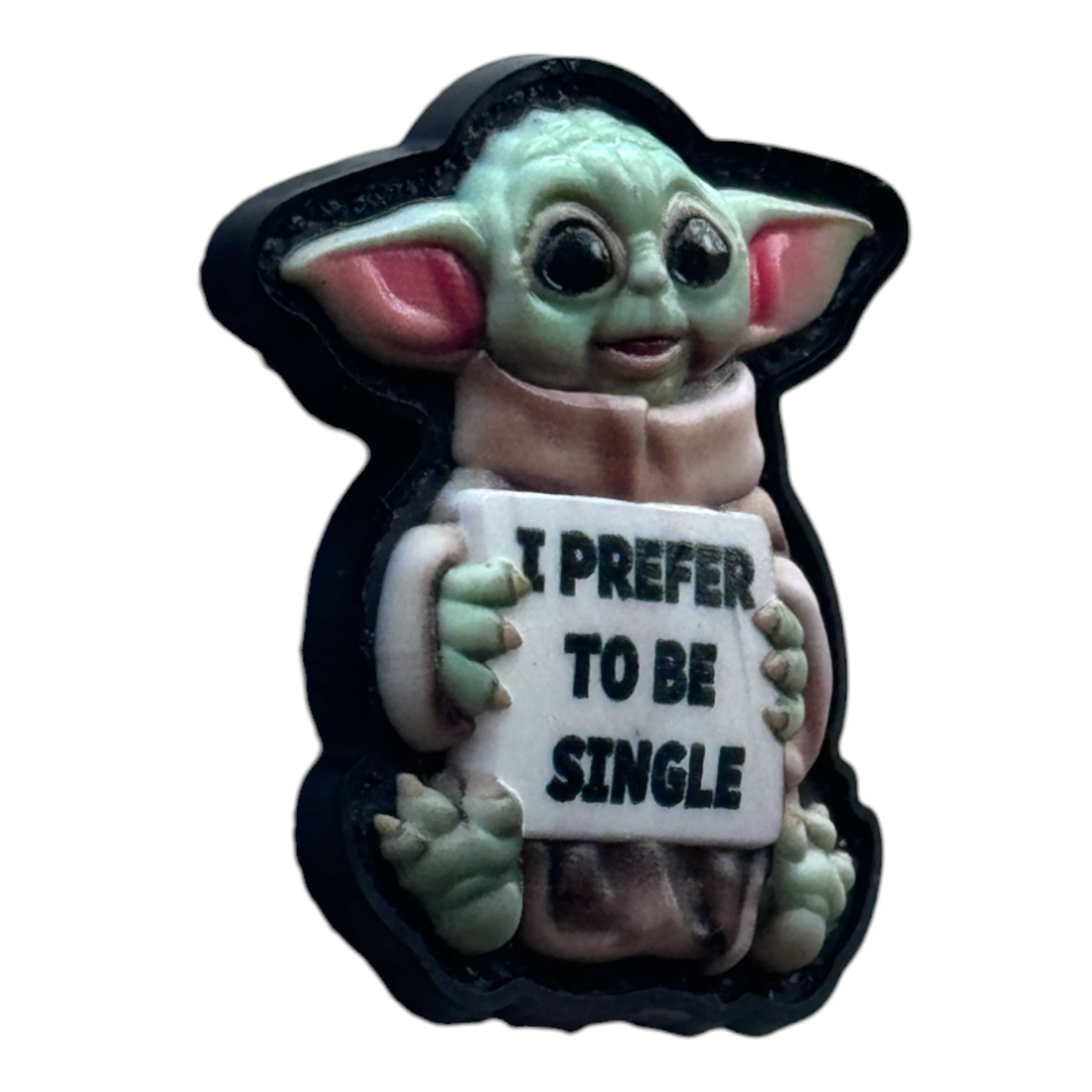 Baby Yoda holding a banner that says 'i prefer to be single' on a tactical military 3D PVC Hook and Loop patch. Side view