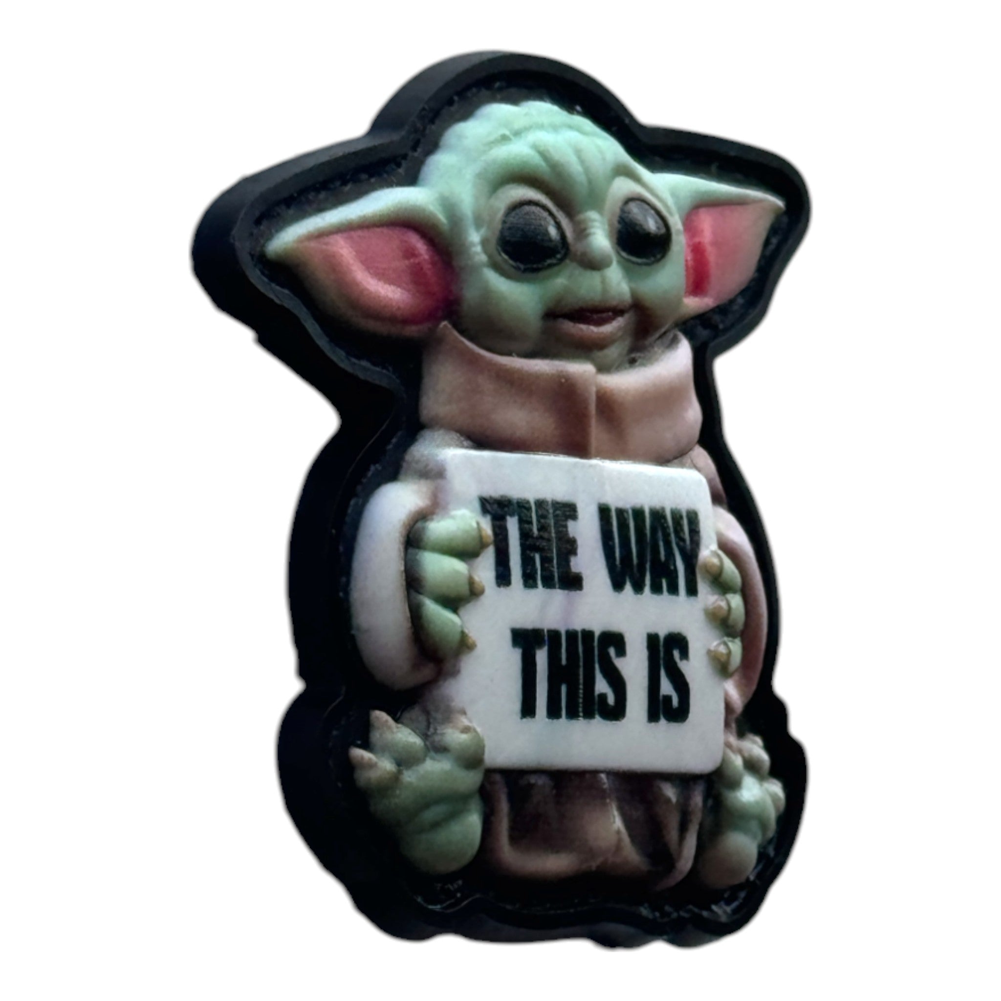 Baby Yoda holding a banner that says 'the way this is' on a tactical military 3D PVC Hook and Loop patch. Side view