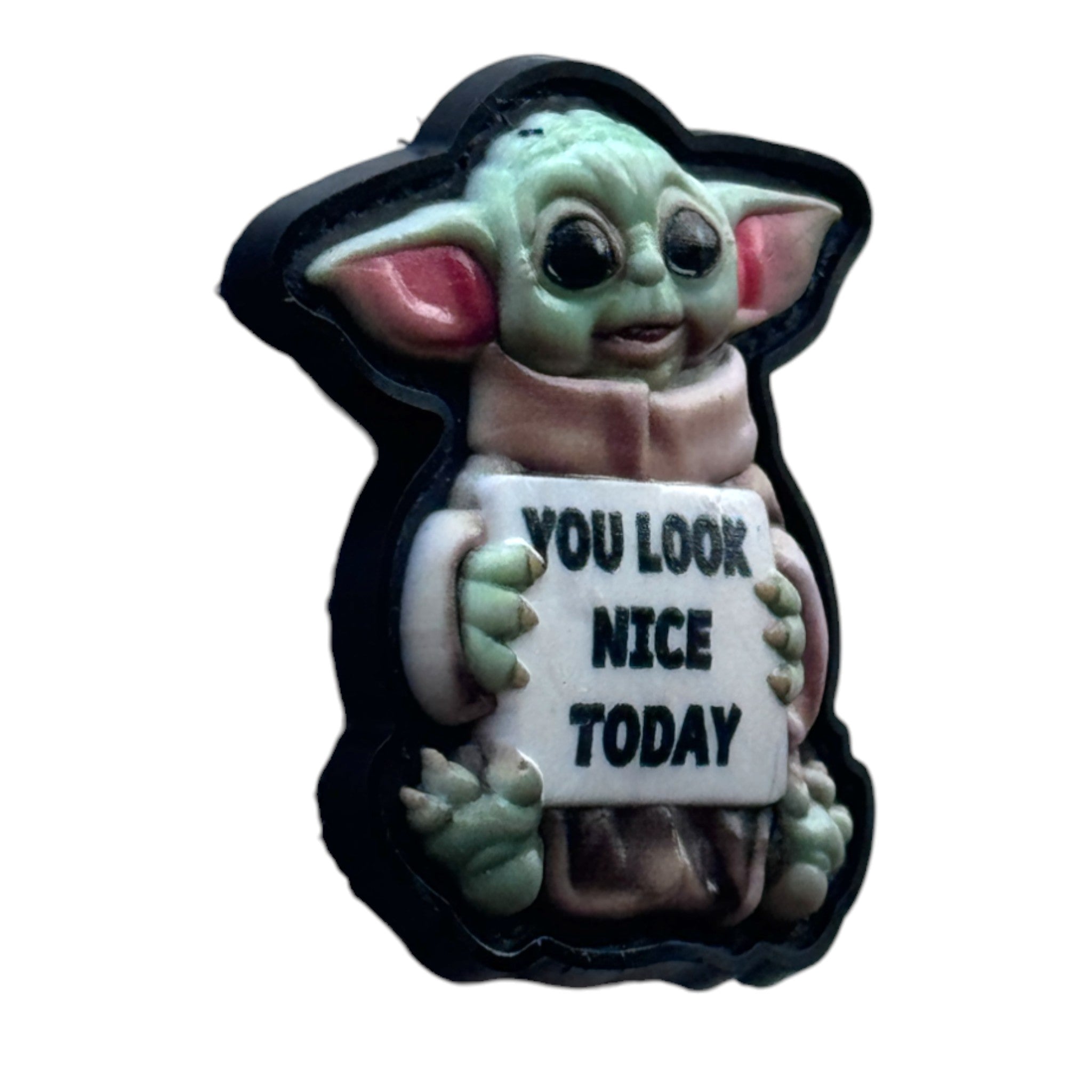Baby Yoda holding a banner that says 'you look nice today' on a tactical military 3D PVC Hook and Loop patch. Side view