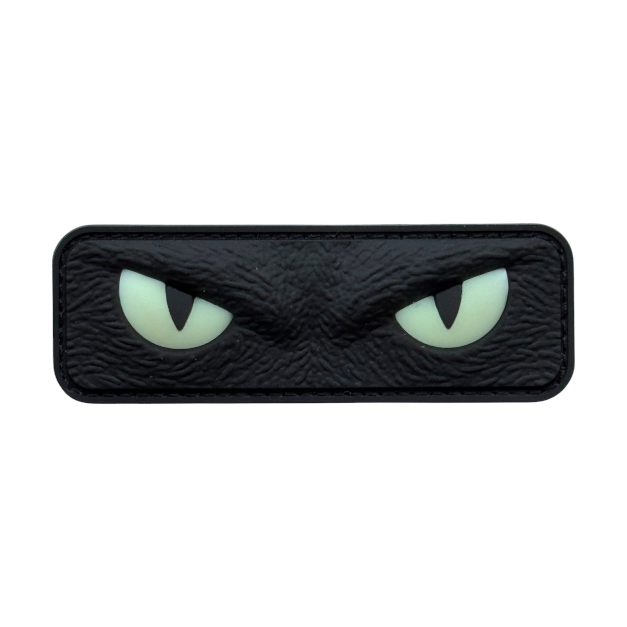 Black camo cat eyes. Glow at night. 3D PVC Velcro patch with hook and loop backing.