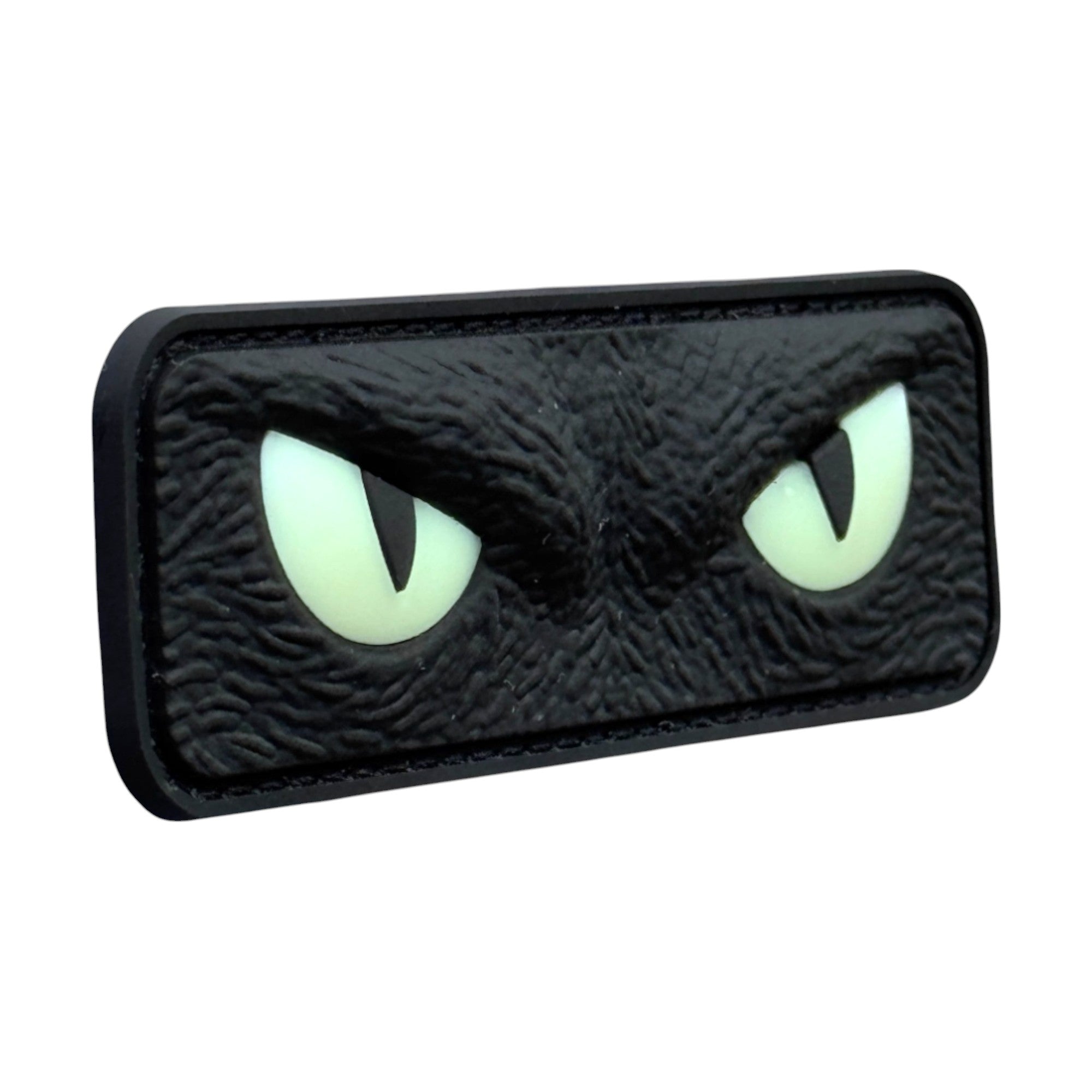 Black camo cat eyes. Glow at night. 3D PVC Velcro patch with hook and loop backing. Side view