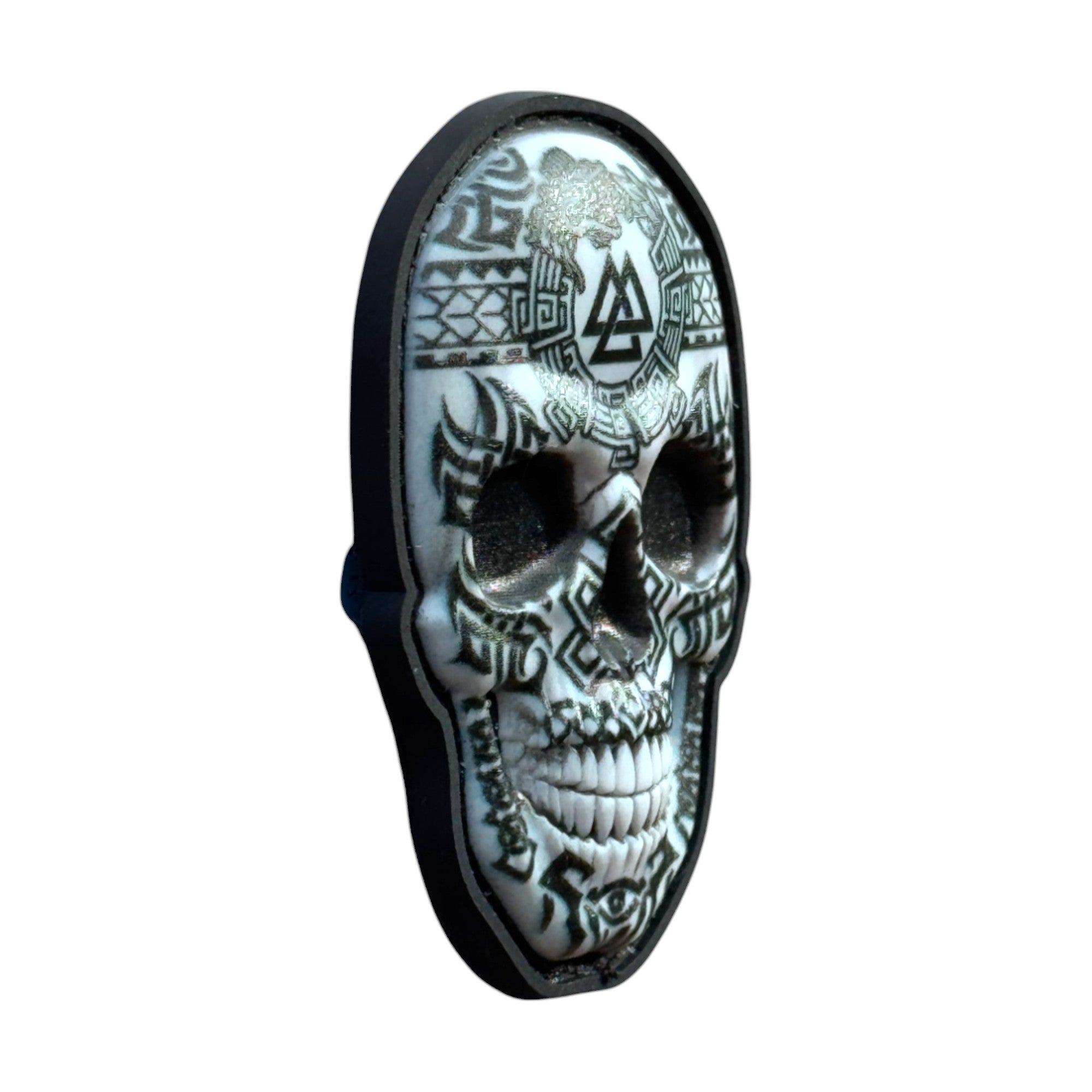 Black/white camo Mexican skull on tactical military 3D PVC Hook and loop patch. Side view