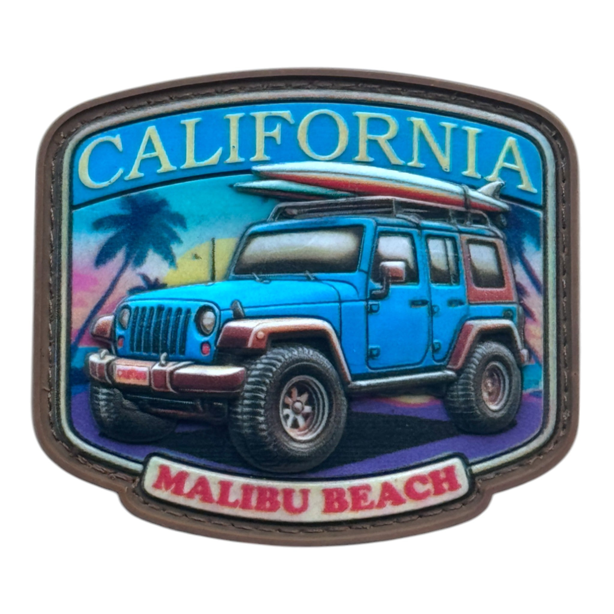 Blue jeep on a beach with the text 'California' and 'Malibu Beach.' 3D PVC Velcro patch with hook and loop backing.