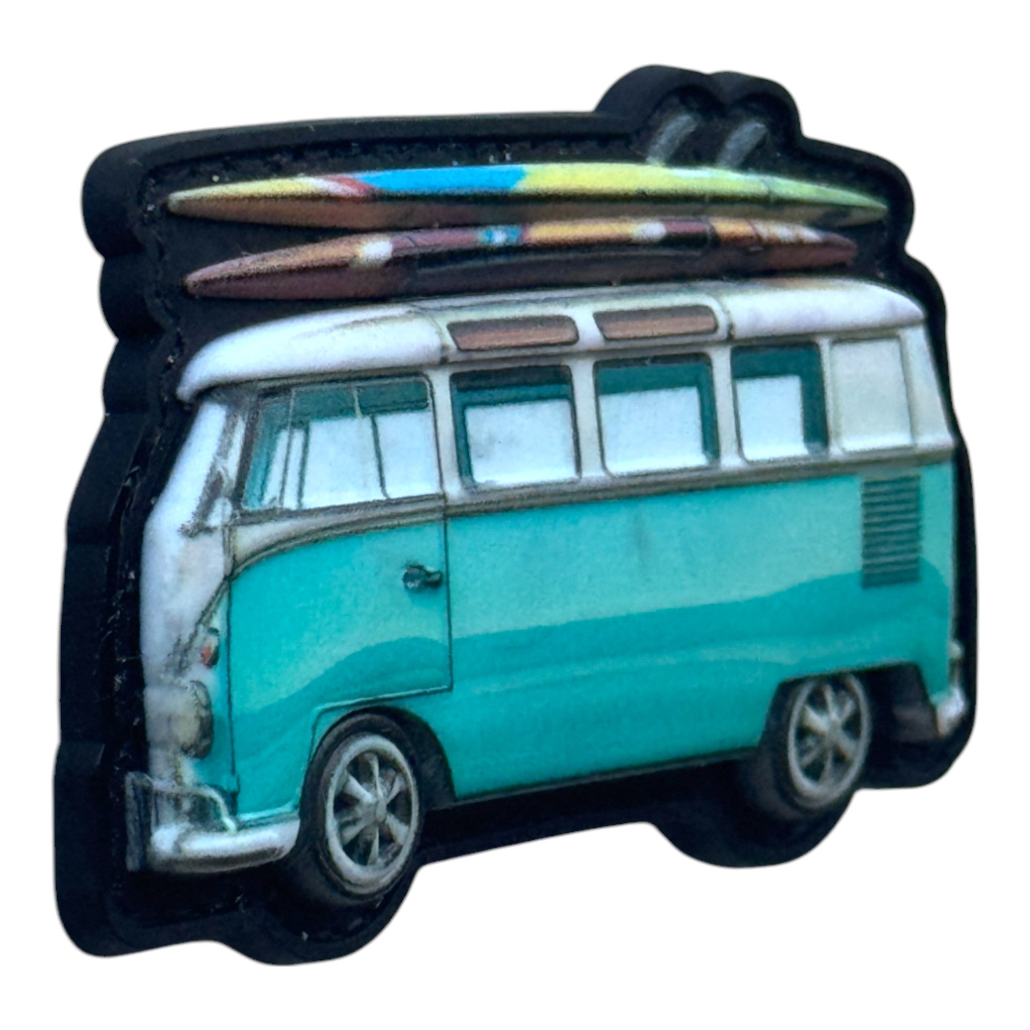 Blue surf bus with surfboards on top. 3D PVC Velcro patch with hook and loop backing. Side view