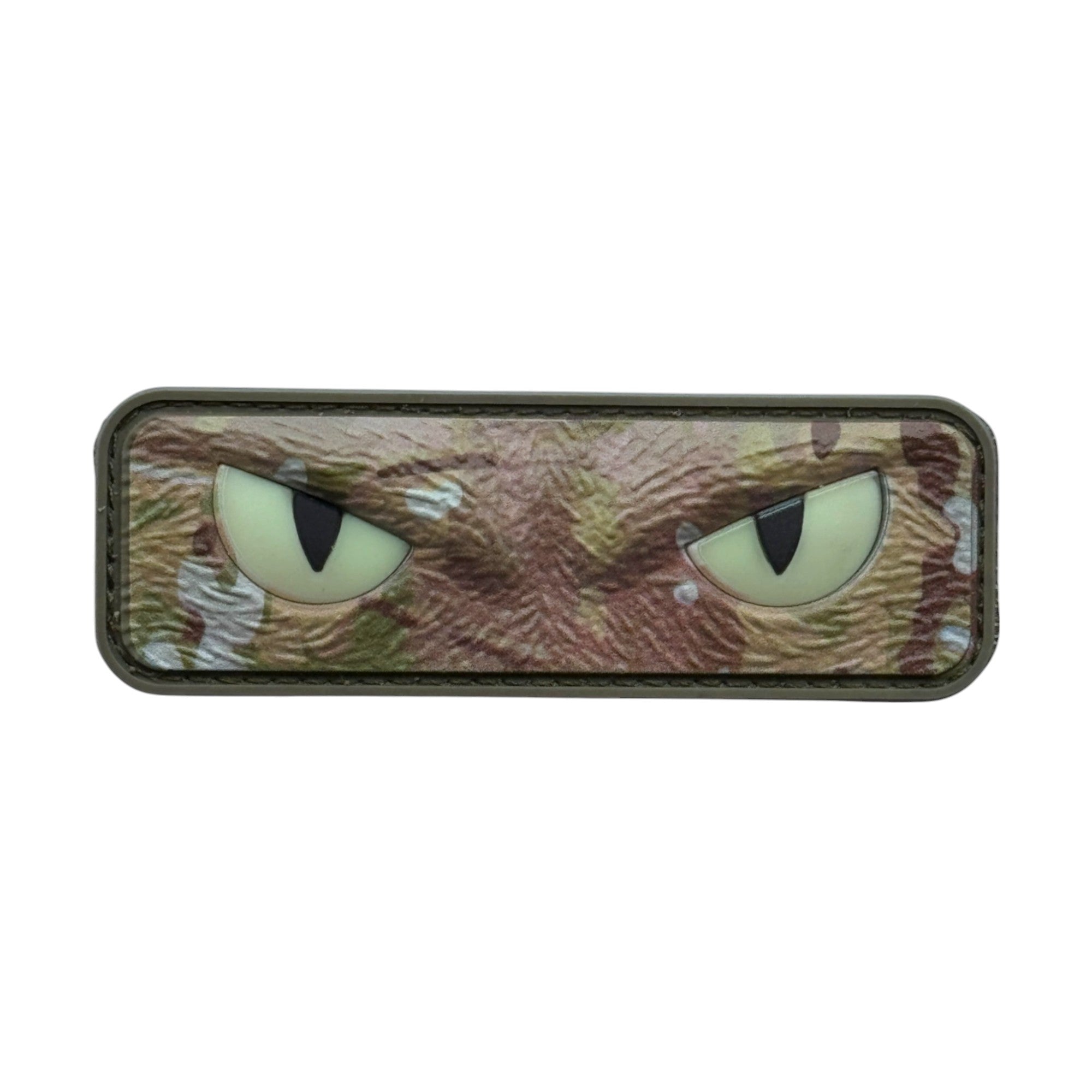 Brown camo cat eyes. Glow at night. 3D PVC Velcro patch with hook and loop backing.
