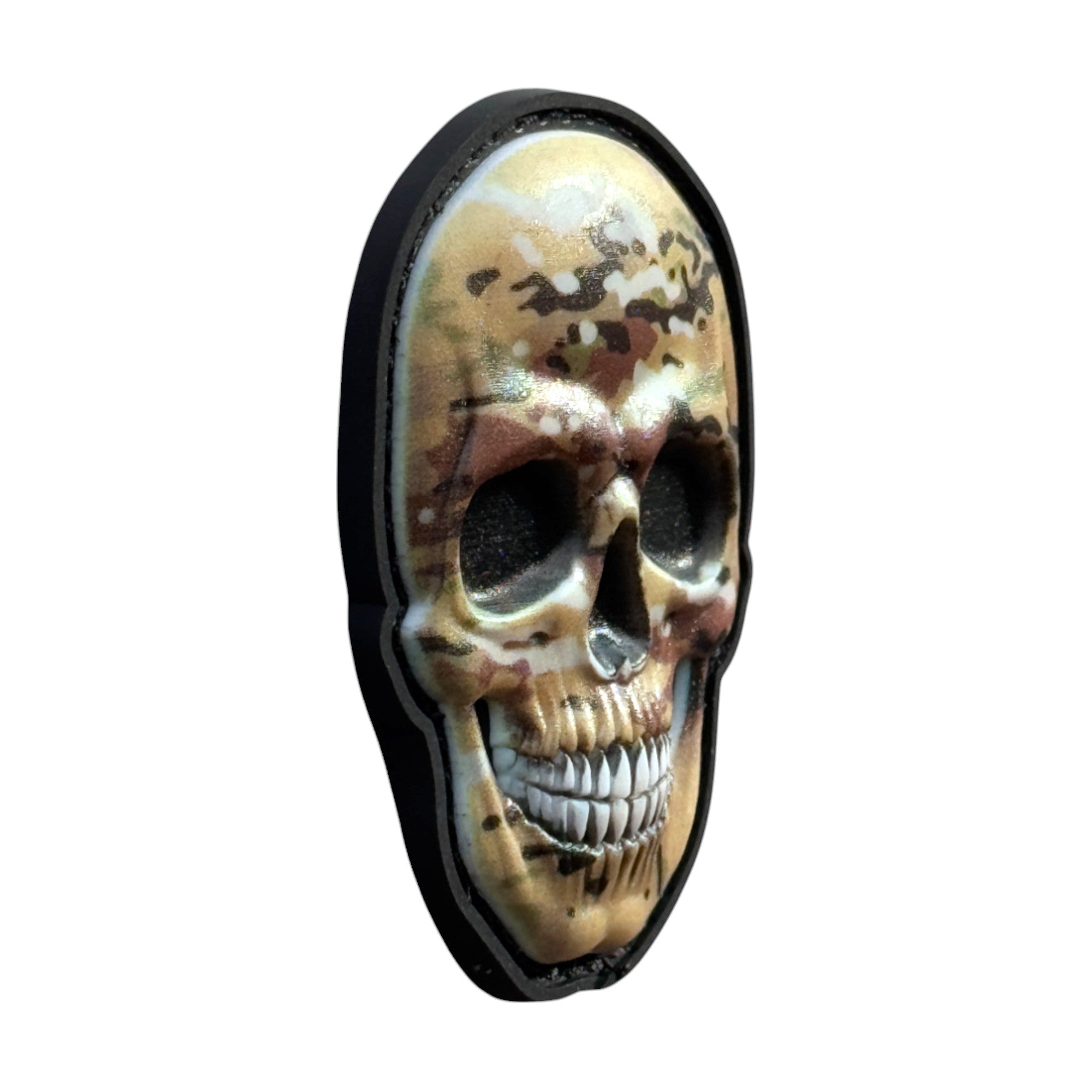 Camo Mexican skull on tactical military 3D PVC Hook and loop patch. Side view