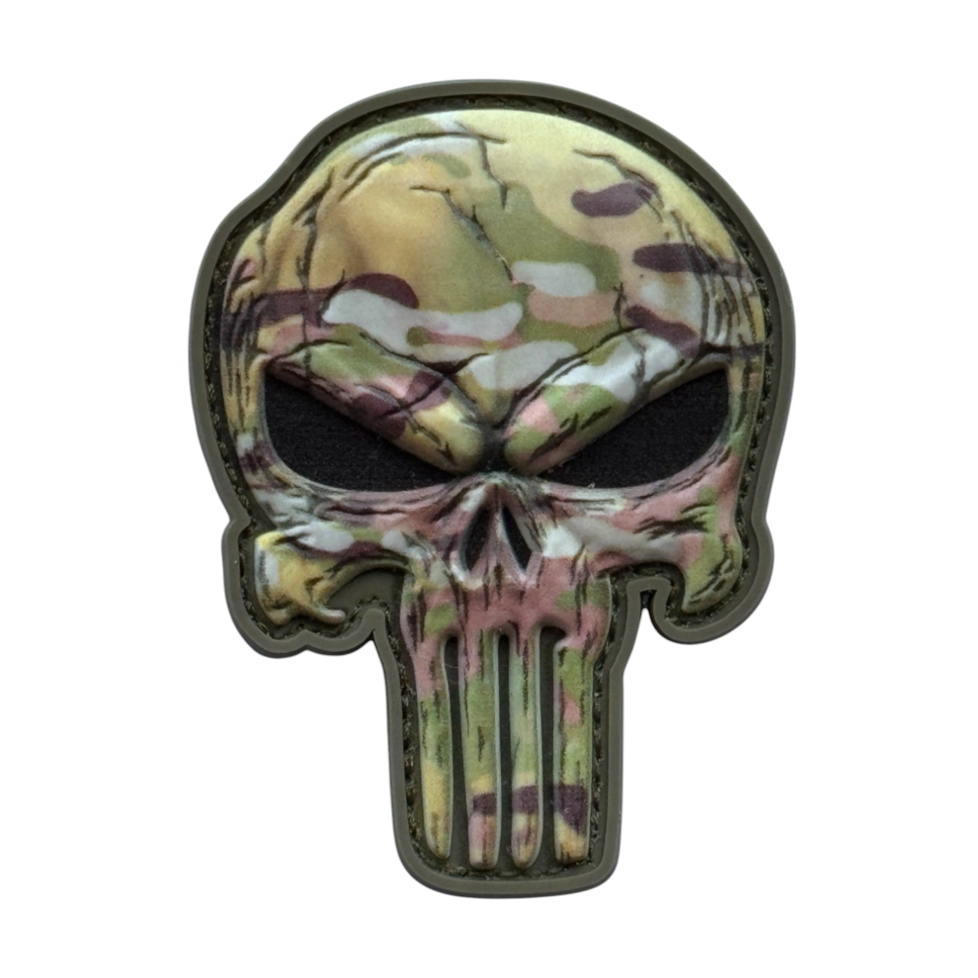 Camo Punisher Skull on a tactical military 3D PVC Hook and loop patch. Ideal for adding a unique and fun touch to your gear.