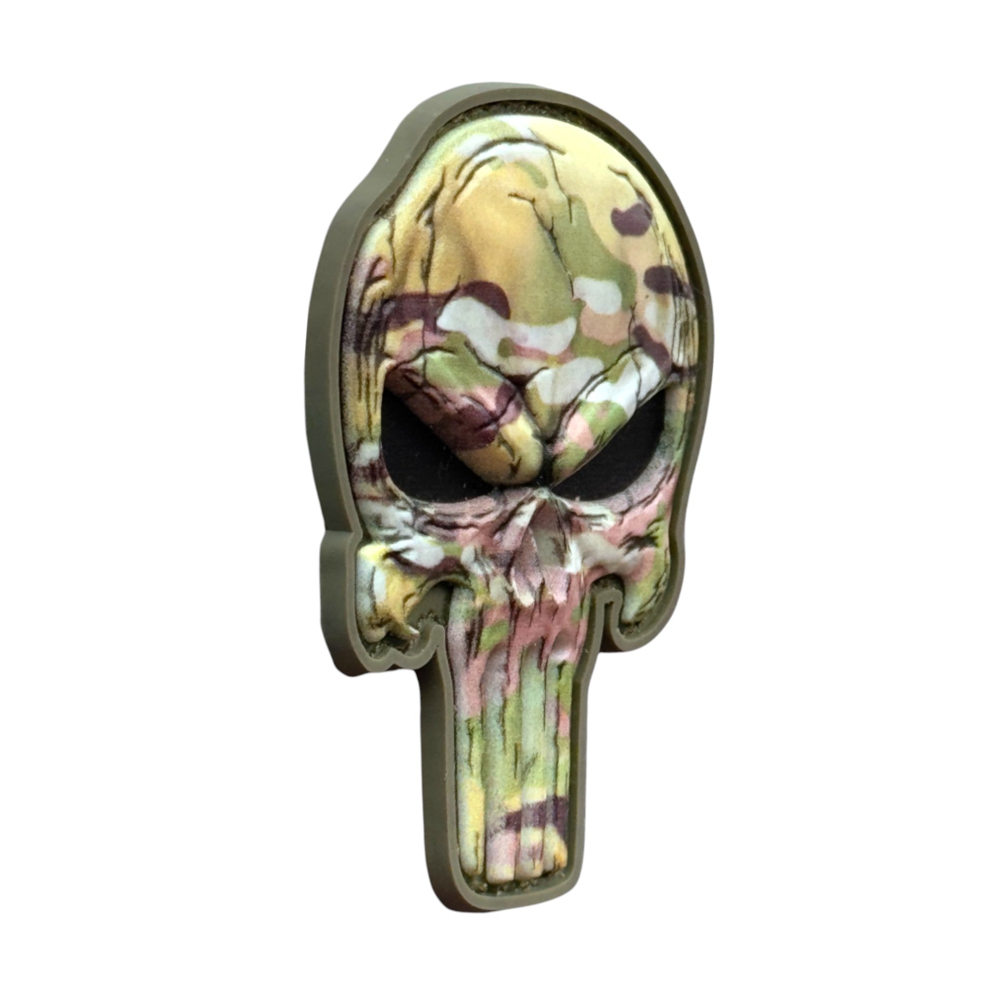 Camo Punisher Skull on a tactical military 3D PVC Hook and loop patch. Side view. Ideal for adding a unique and fun touch to your gear.