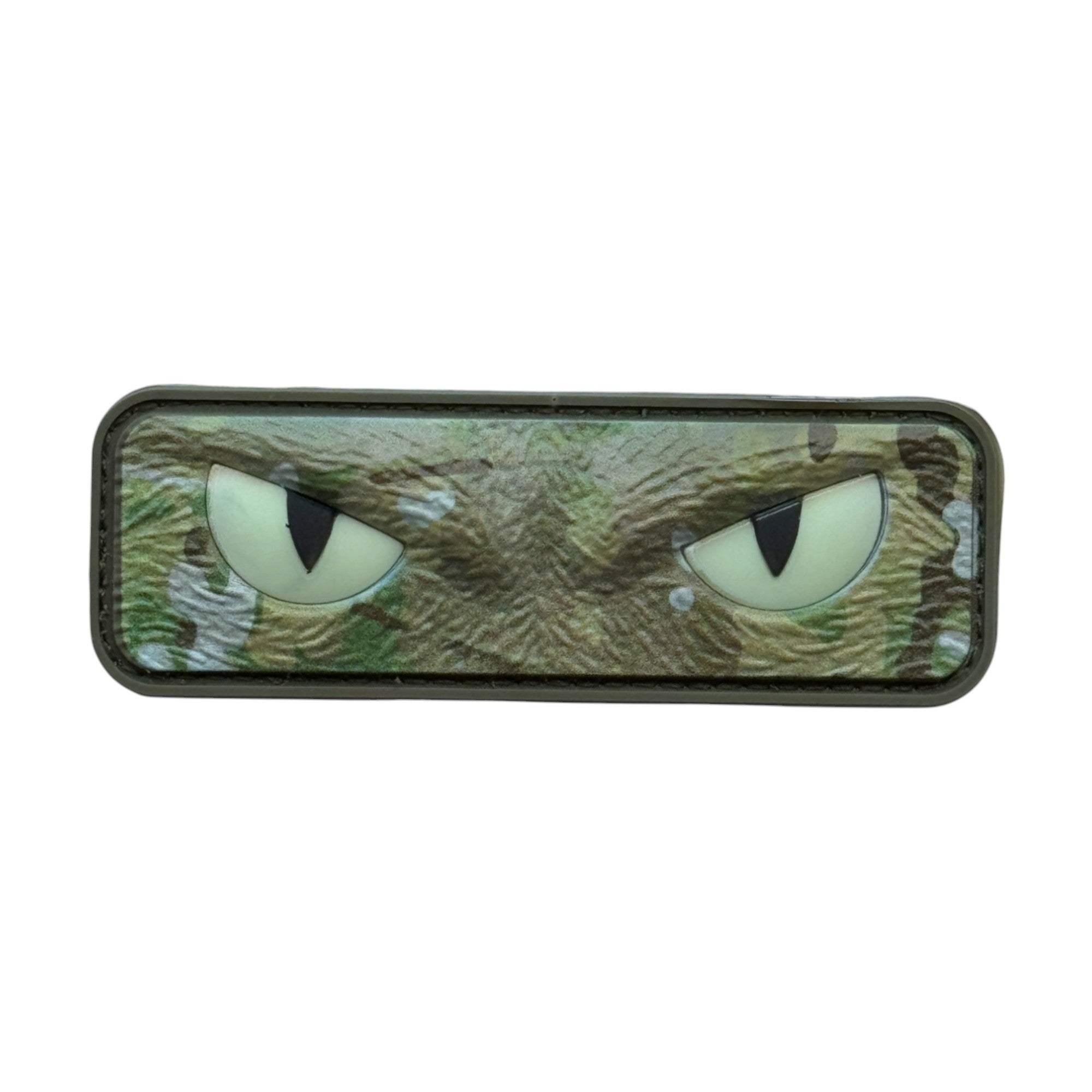 Camo cat eyes. Glow at night. 3D PVC Velcro patch with hook and loop backing.