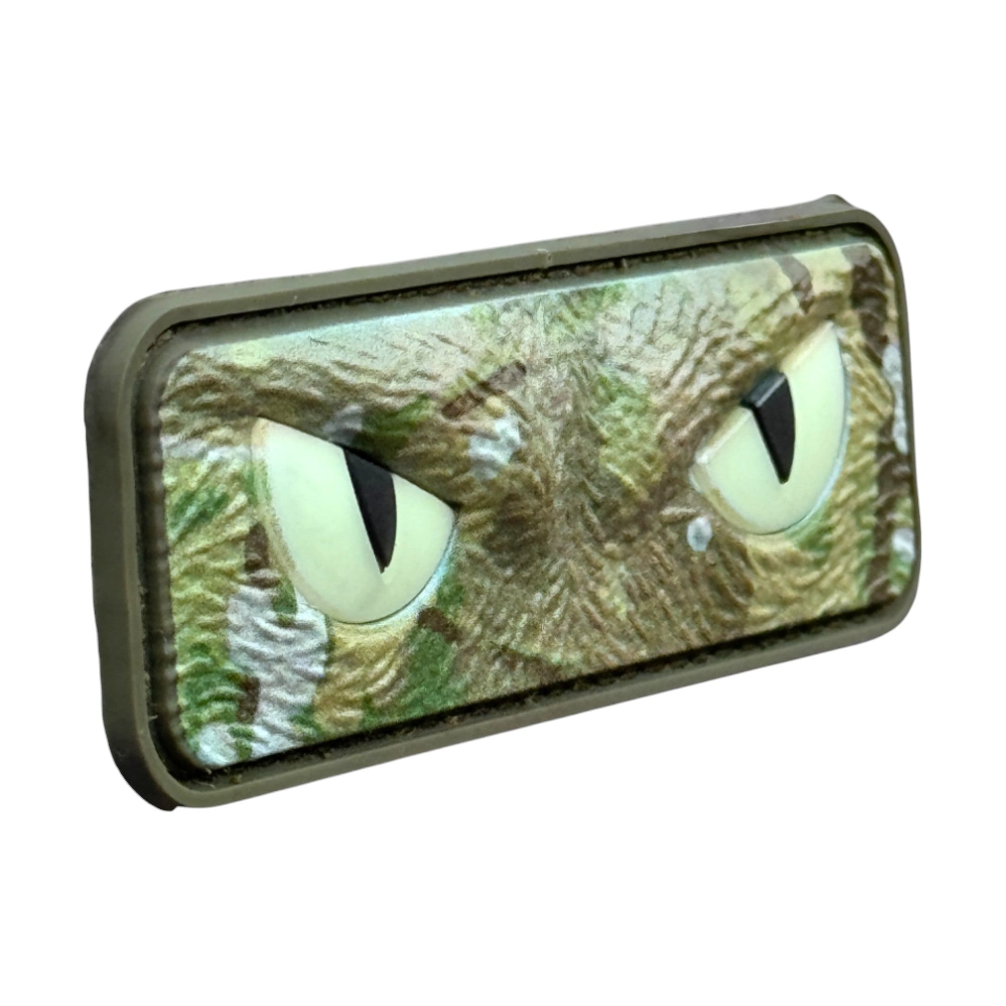 Camo cat eyes. Glow at night. 3D PVC Velcro patch with hook and loop backing. Side view