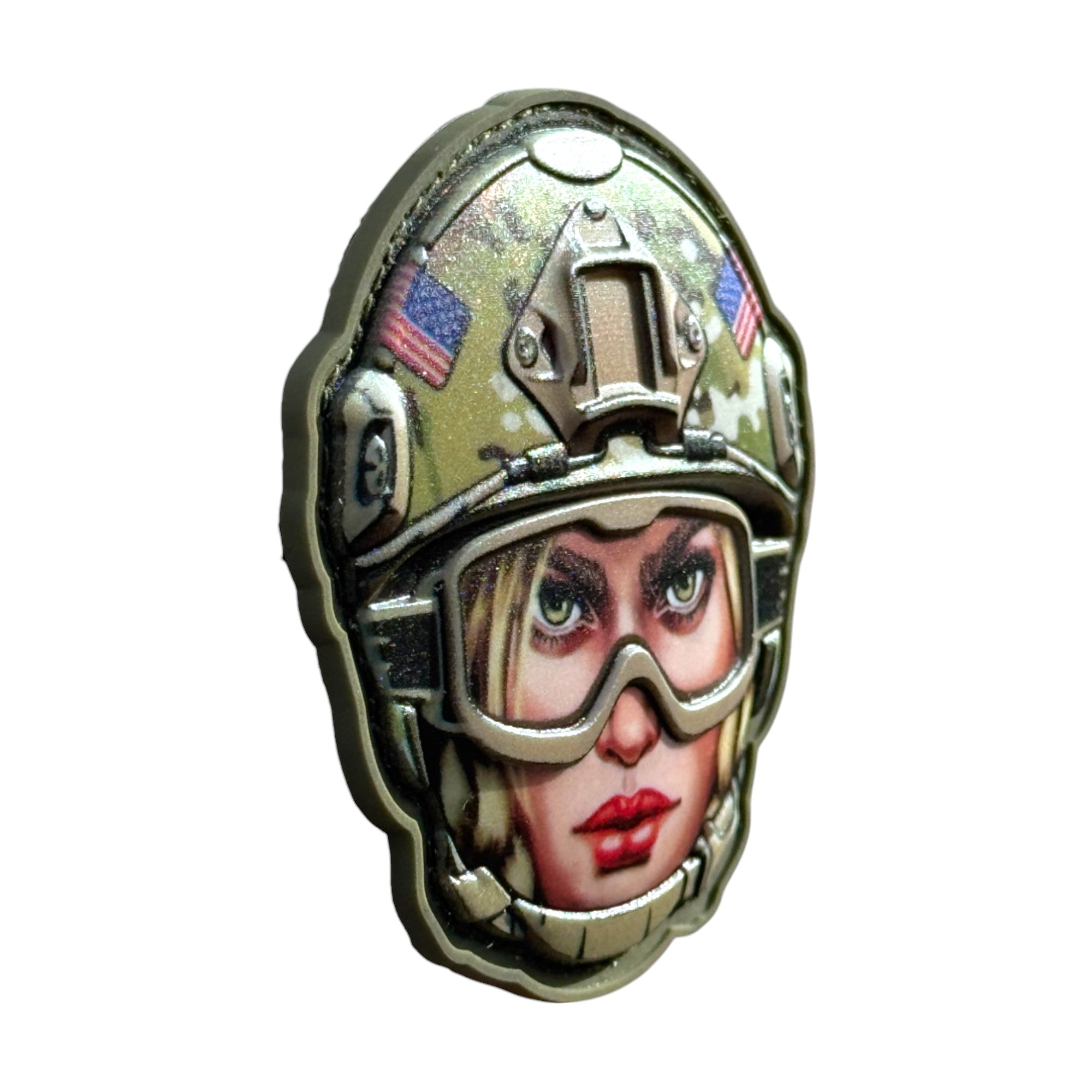 Female soldier emoji wearing a combat helmet on a tactical military 3D PVC Hook and loop patch. Side view. Ideal for adding a unique and fun touch to your gear.