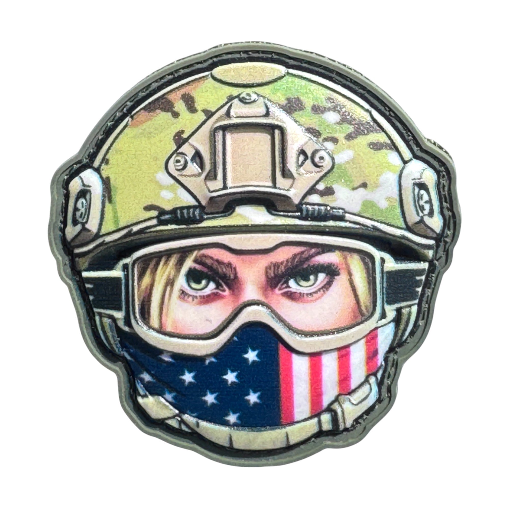 Female soldier with American flag emoji wearing a combat helmet on a tactical military 3D PVC Hook and loop patch. Ideal for adding a unique and fun touch to your gear.