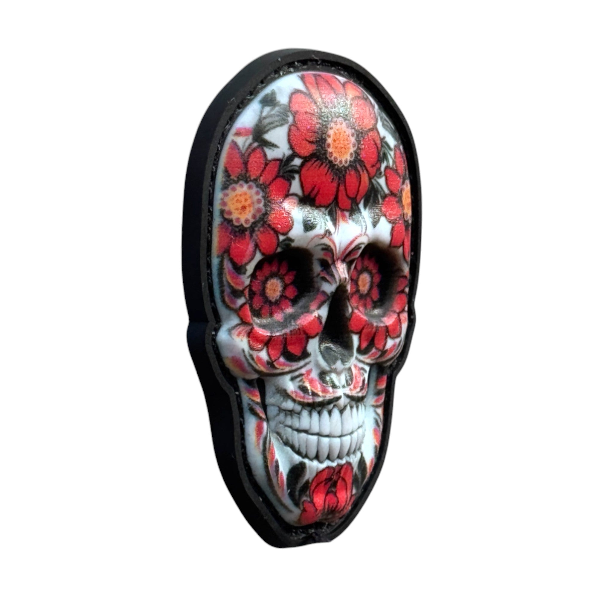 Flower camo Mexican skull on tactical military 3D PVC Hook and loop patch. Side view