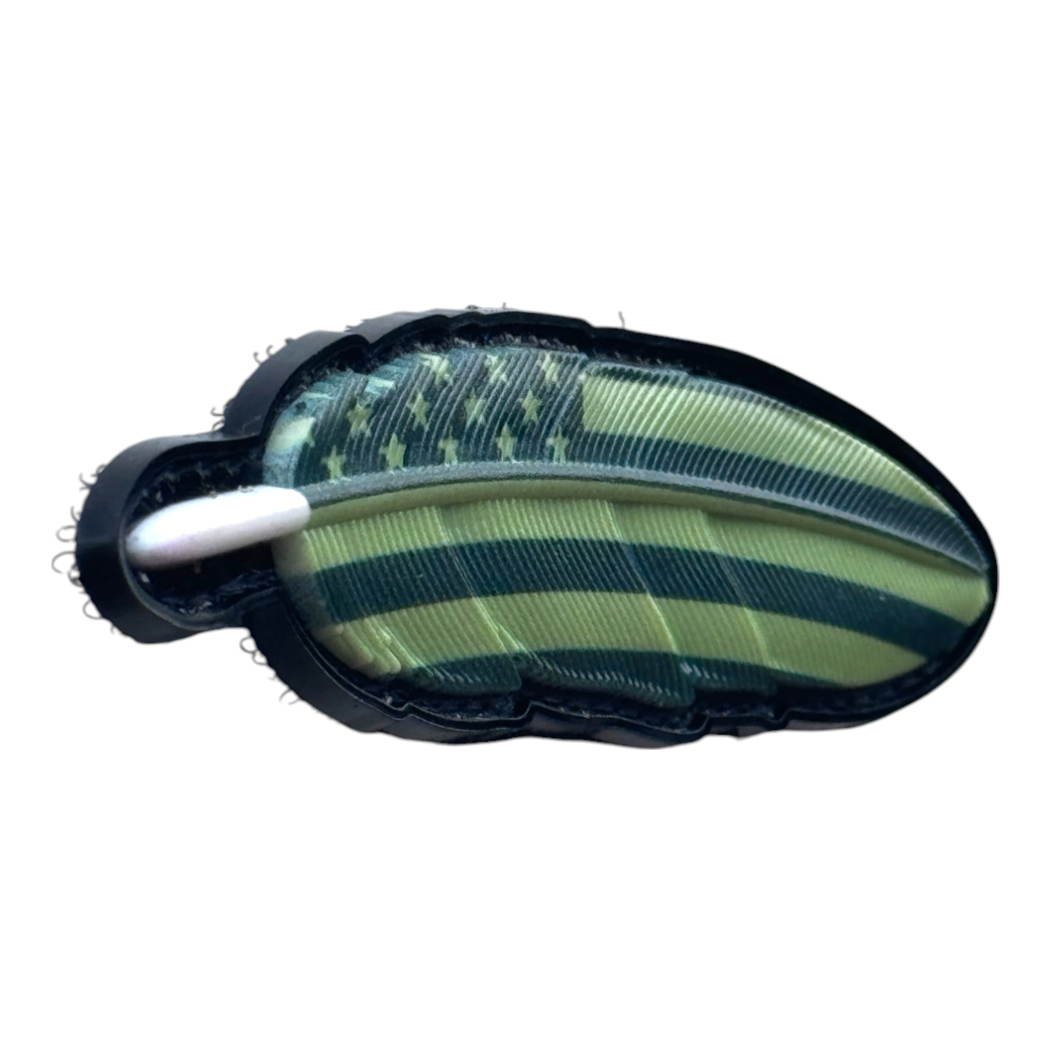 Green USA flag feather 3D PVC Velcro patch with hook and loop backing. side view