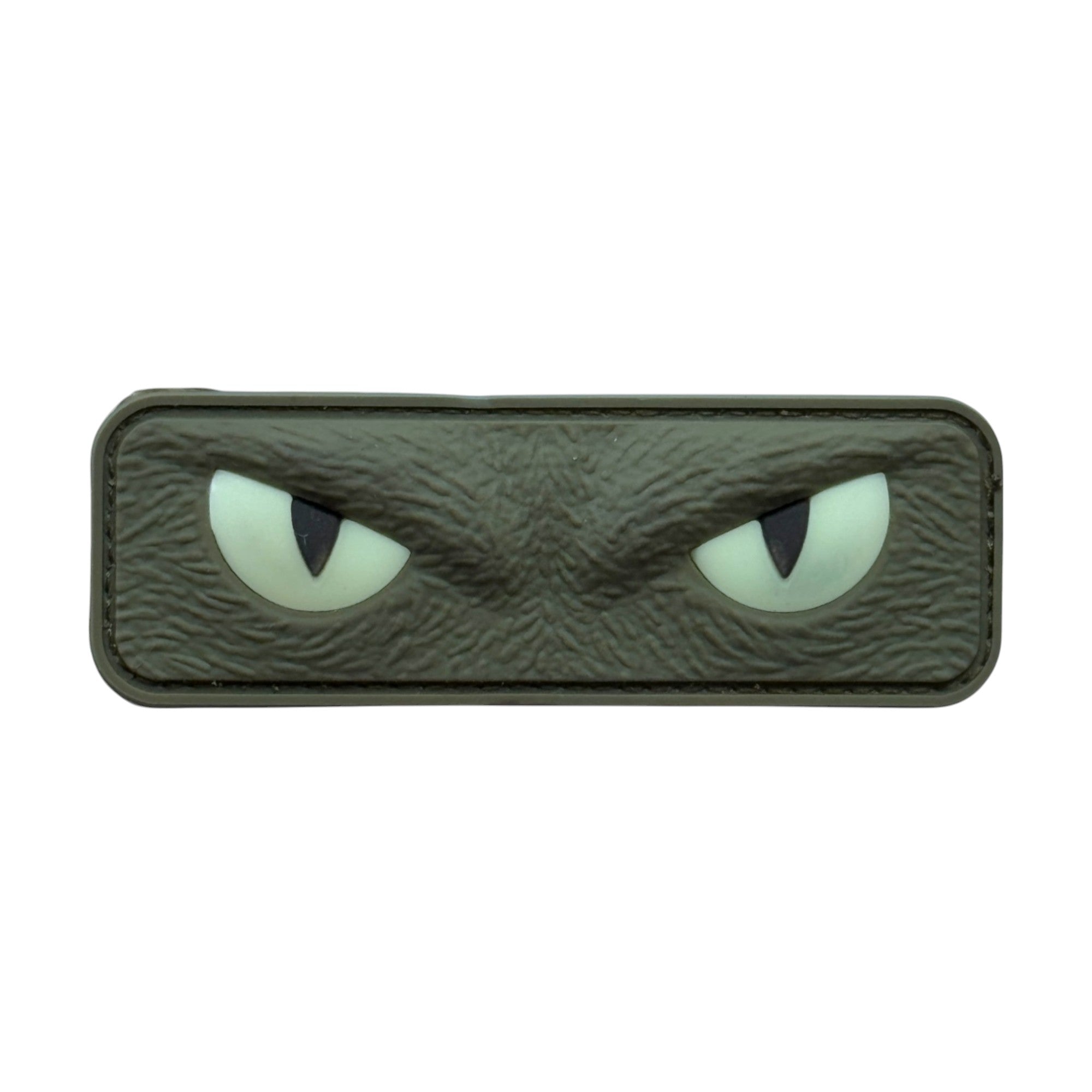 Green angry cat eyes. Glow at night. 3D PVC Velcro patch with hook and loop backing.