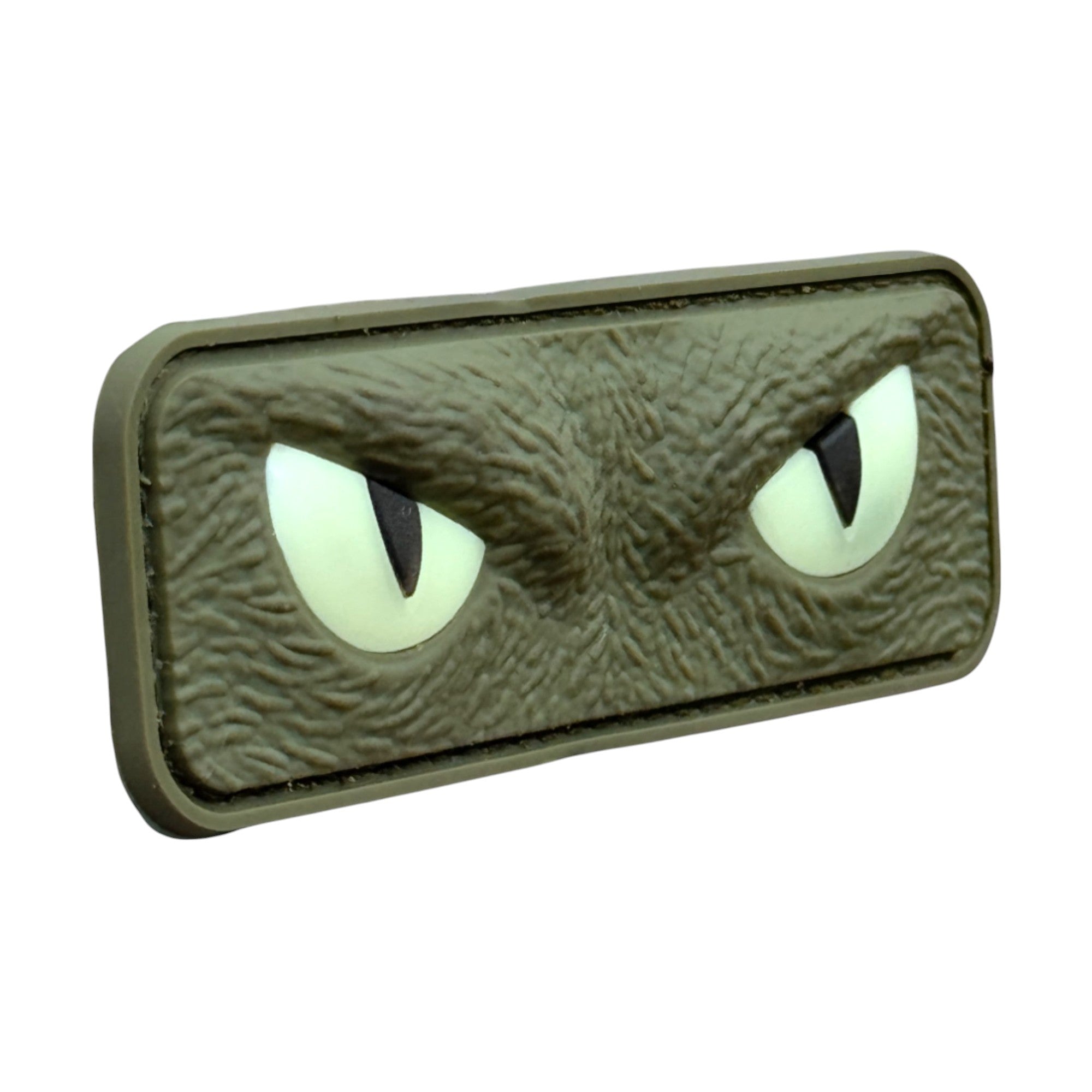 Green angry cat eyes. Glow at night. 3D PVC Velcro patch with hook and loop backing. Side view
