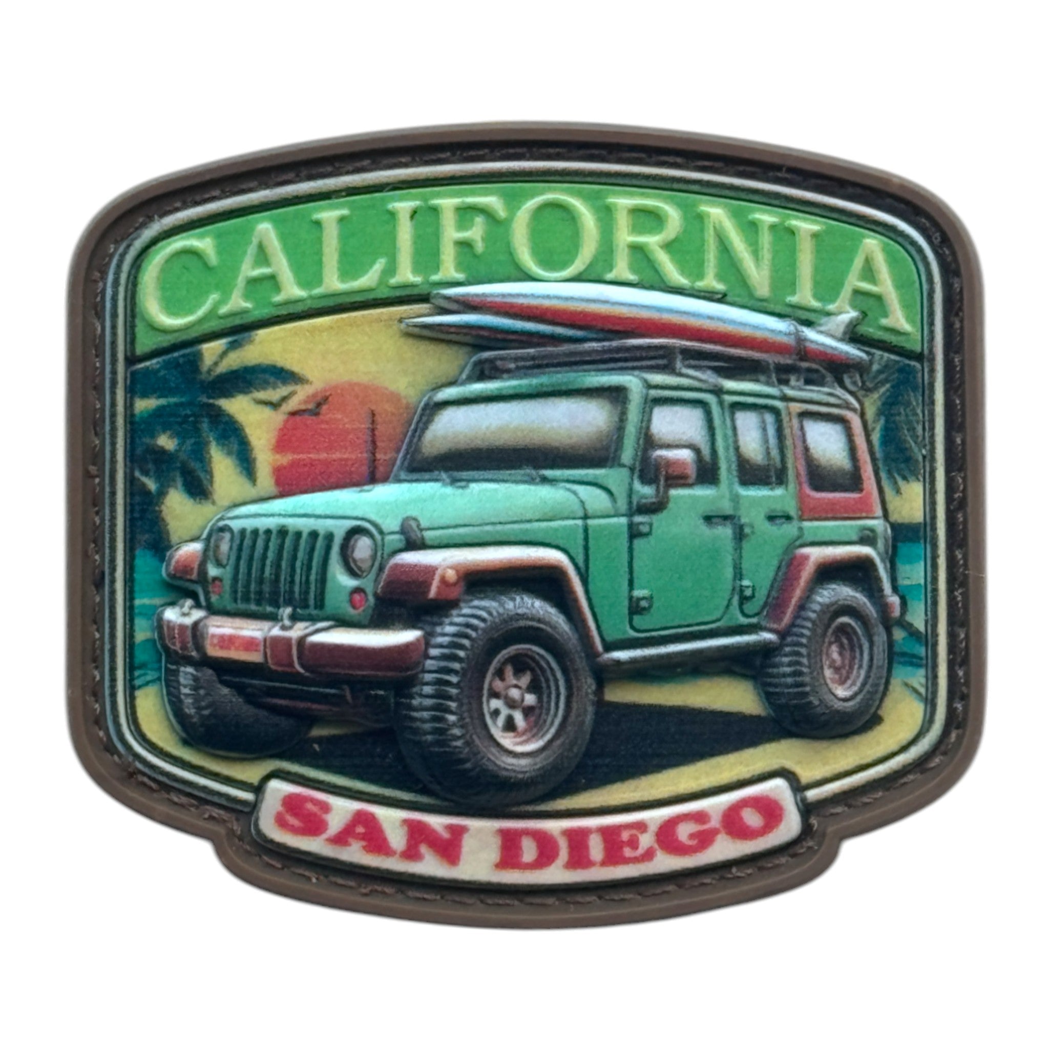 Green jeep on a beach with the text 'California' and 'San Diego' 3D PVC Velcro patch with hook and loop backing.