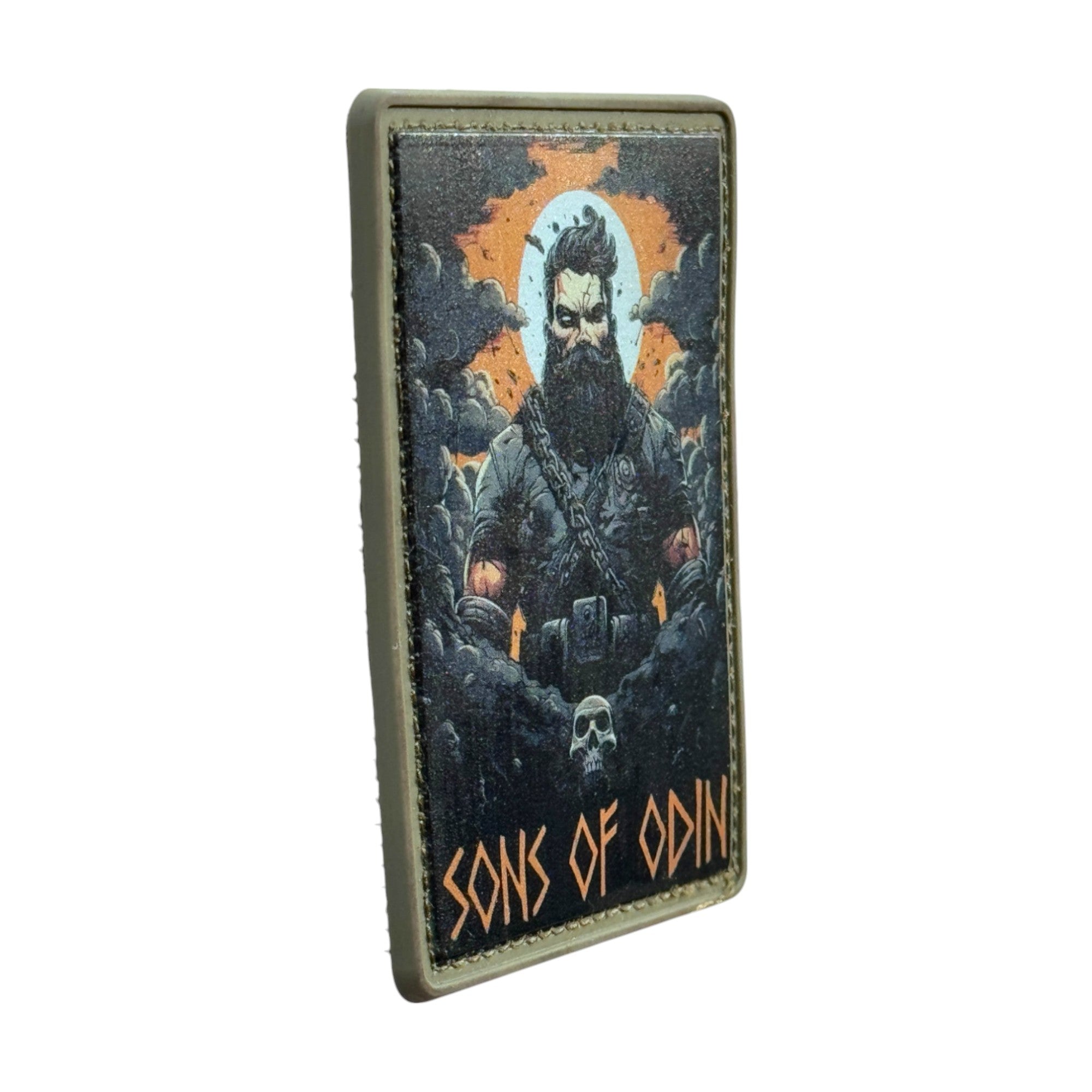 Soldier standing in clouds with text "sons of Odin" on rectangle tactical military 3D PVC Hook and loop patch. ide view