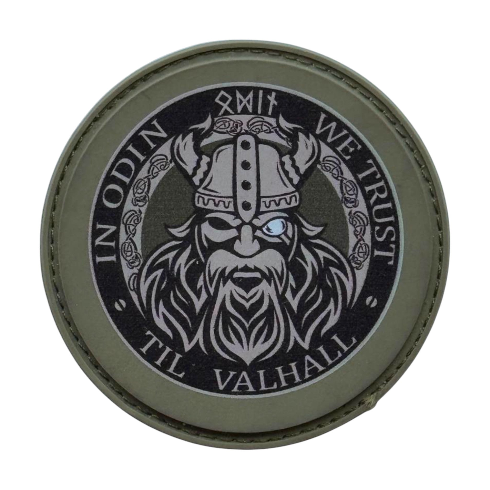 Odin on a green circle tactical military 3D PVC Hook and loop patch. Ideal for adding a unique and fun touch to your gear.