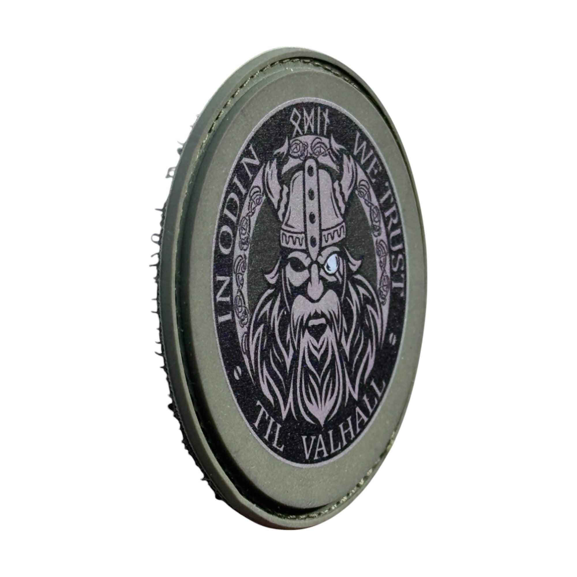 Odin on a green circle tactical military 3D PVC Hook and loop patch. Side view. Ideal for adding a unique and fun touch to your gear.