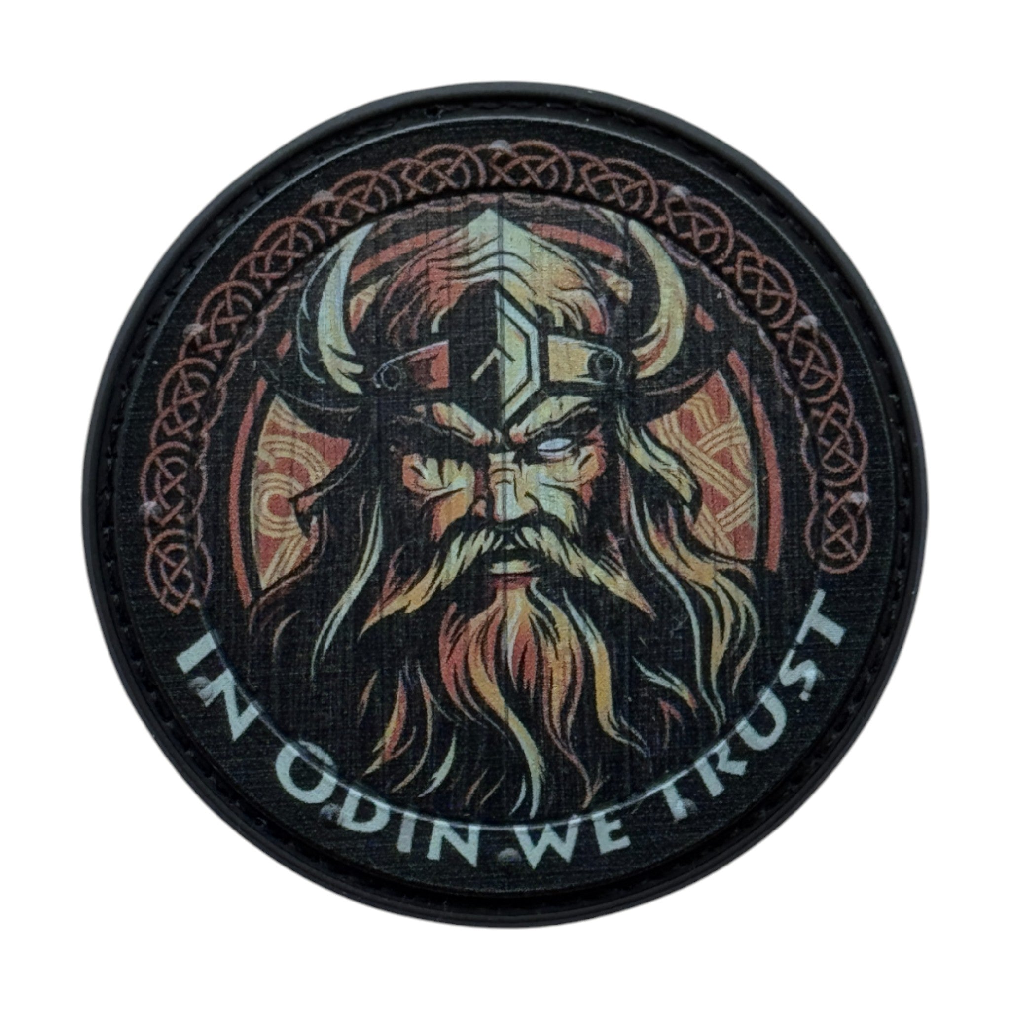 Odin with text "in Odin we trust" on circle tactical military 3D PVC Hook and loop patch.