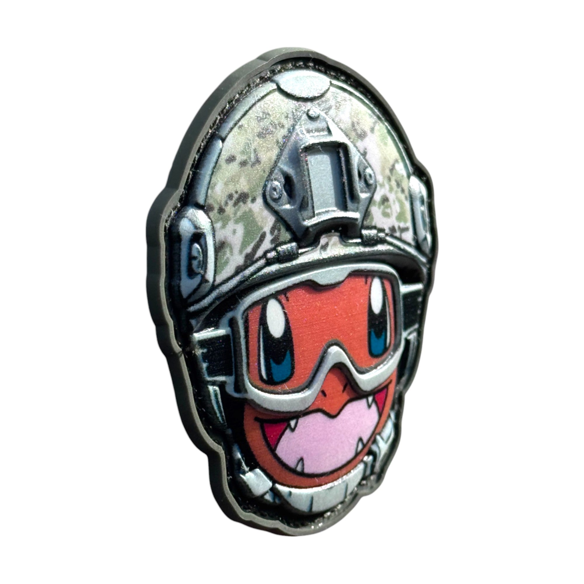 Orange smiling emoji wearing a combat helmet on a tactical military 3D PVC Hook and loop patch. Side View. Ideal for adding a unique and fun touch to your gear.