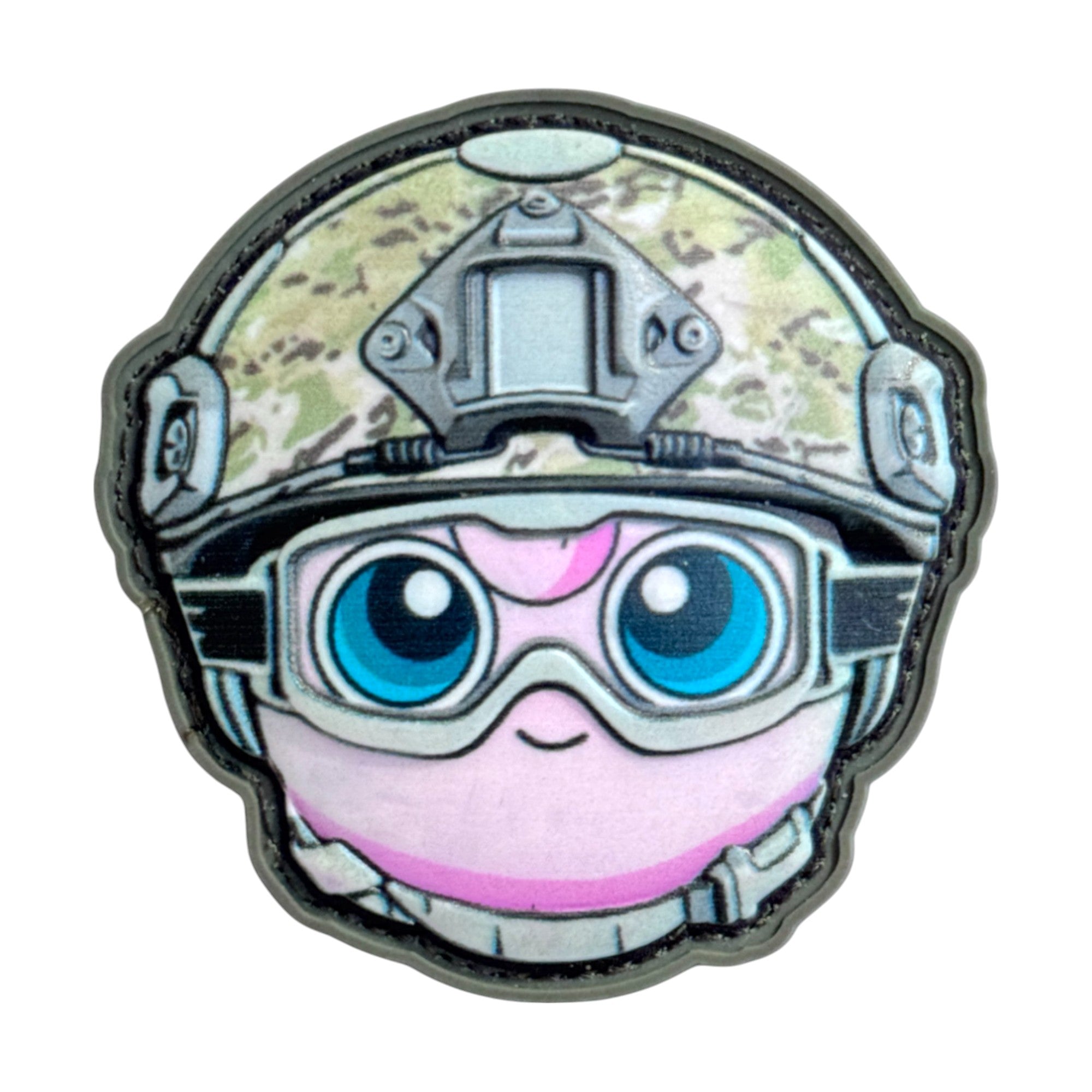 Pink face big eyes emoji wearing a combat helmet on a tactical military 3D PVC Hook and loop patch. Ideal for adding a unique and fun touch to your gear.