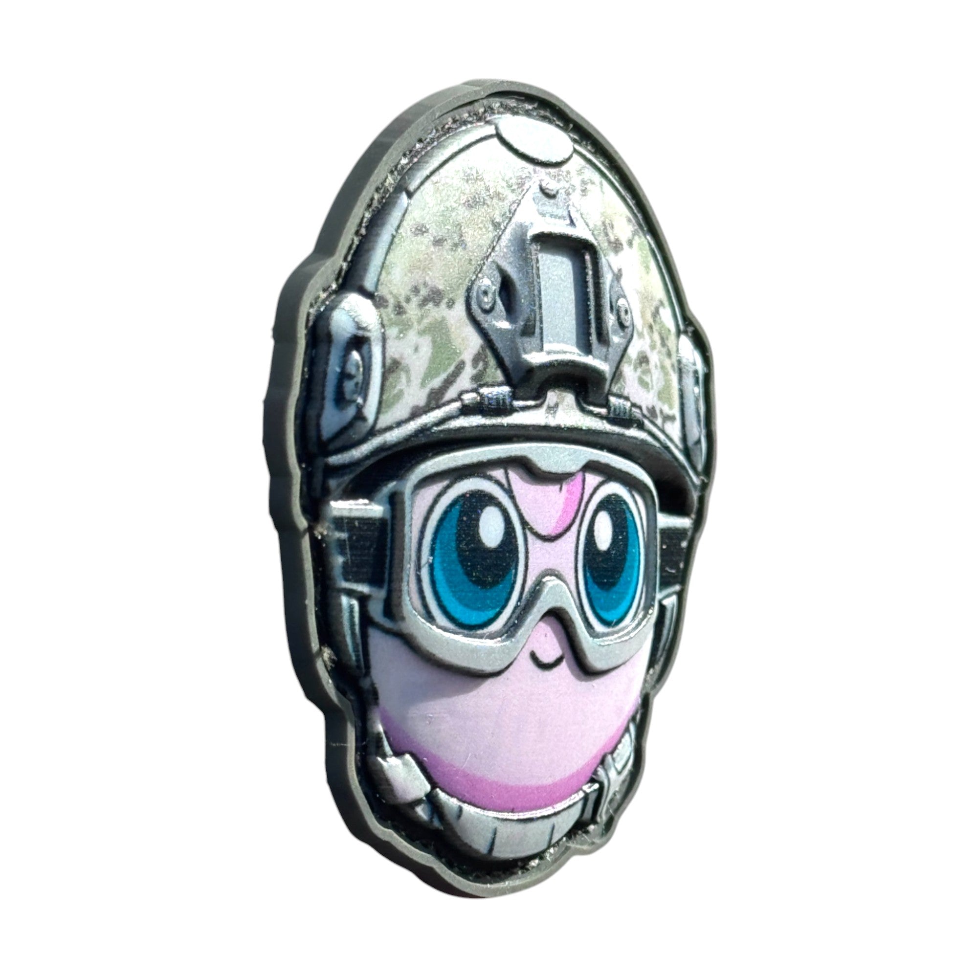 Pink face big eyes emoji wearing a combat helmet on a tactical military 3D PVC Hook and loop patch. Side view.  Ideal for adding a unique and fun touch to your gear.
