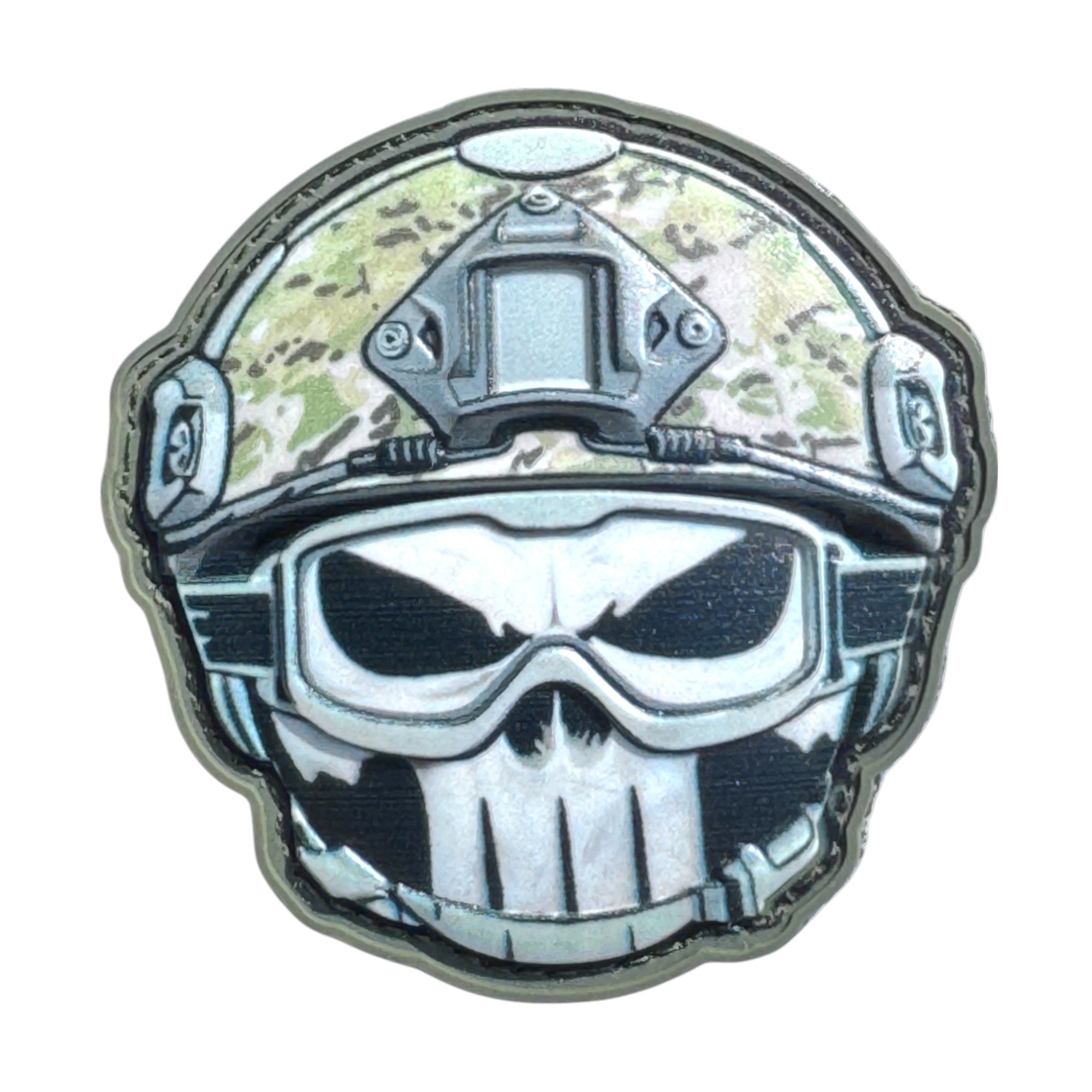 Punisher Skull emoji wearing a combat helmet on a tactical military 3D PVC Hook and loop patch. Ideal for adding a unique and fun touch to your gear.