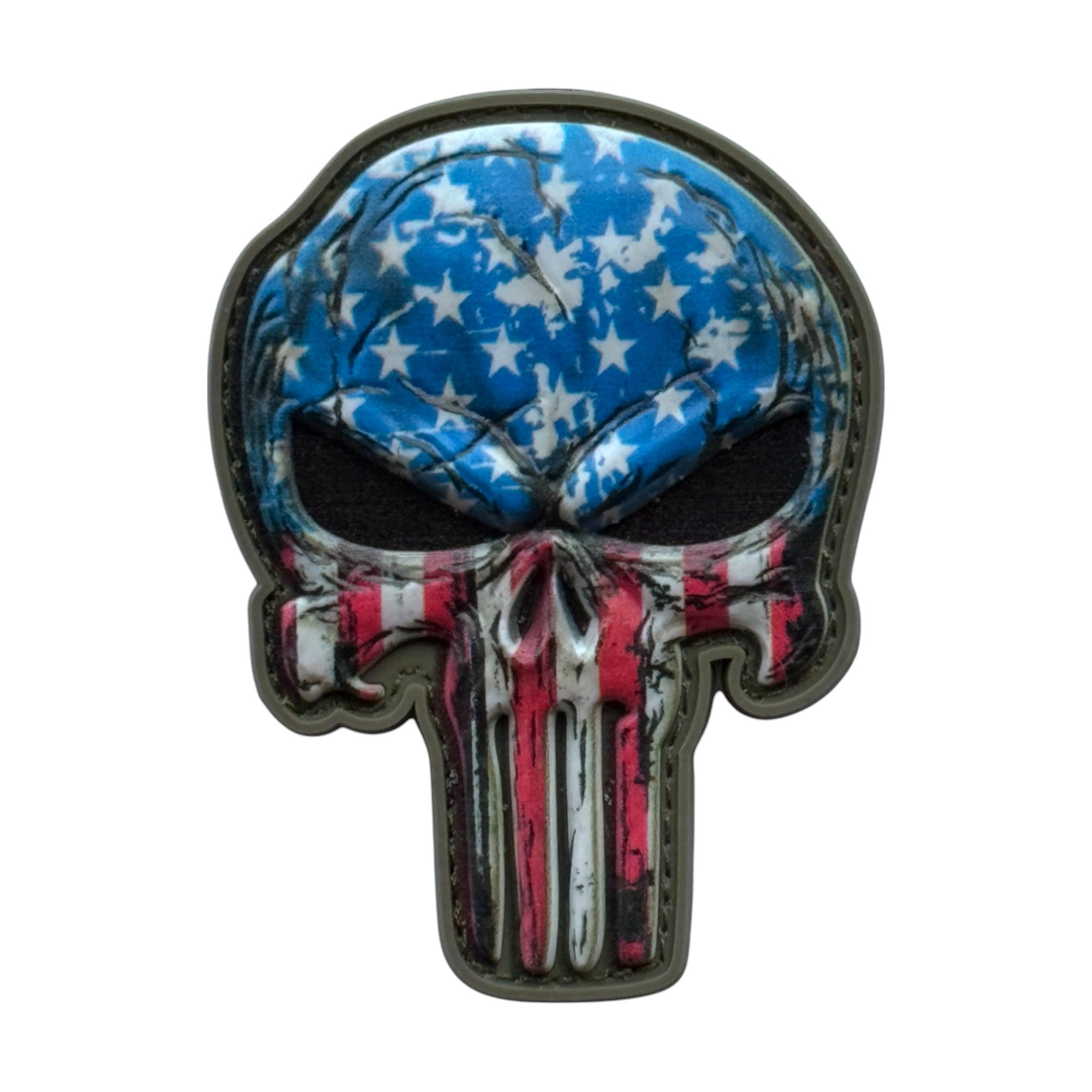 Punisher Skull with USA flag camo on a tactical military 3D PVC Hook and loop patch. Ideal for adding a unique and fun touch to your gear.