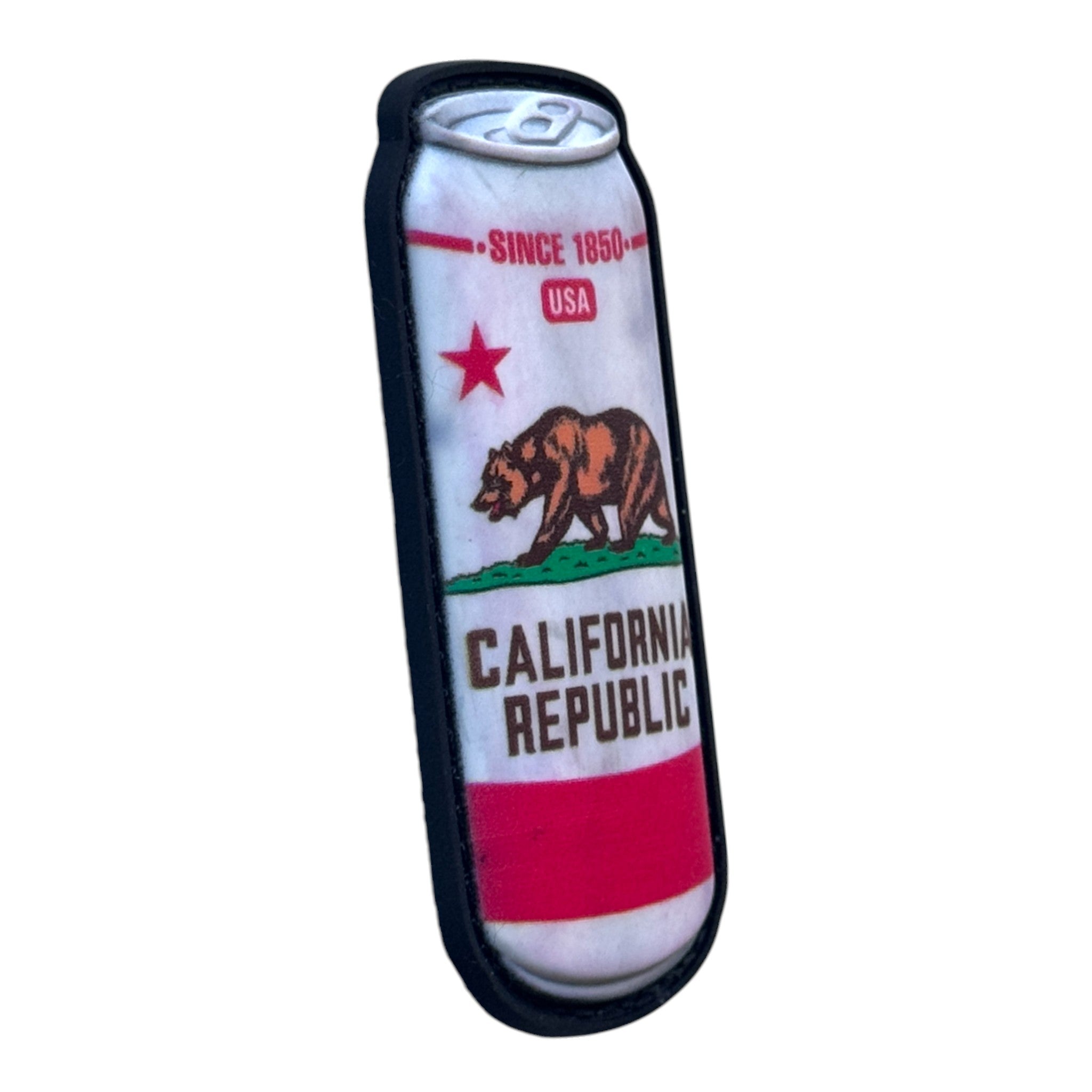 Soda can with text on it "California Republic" 3D PVC Velcro patch with hook and loop backing. Side view