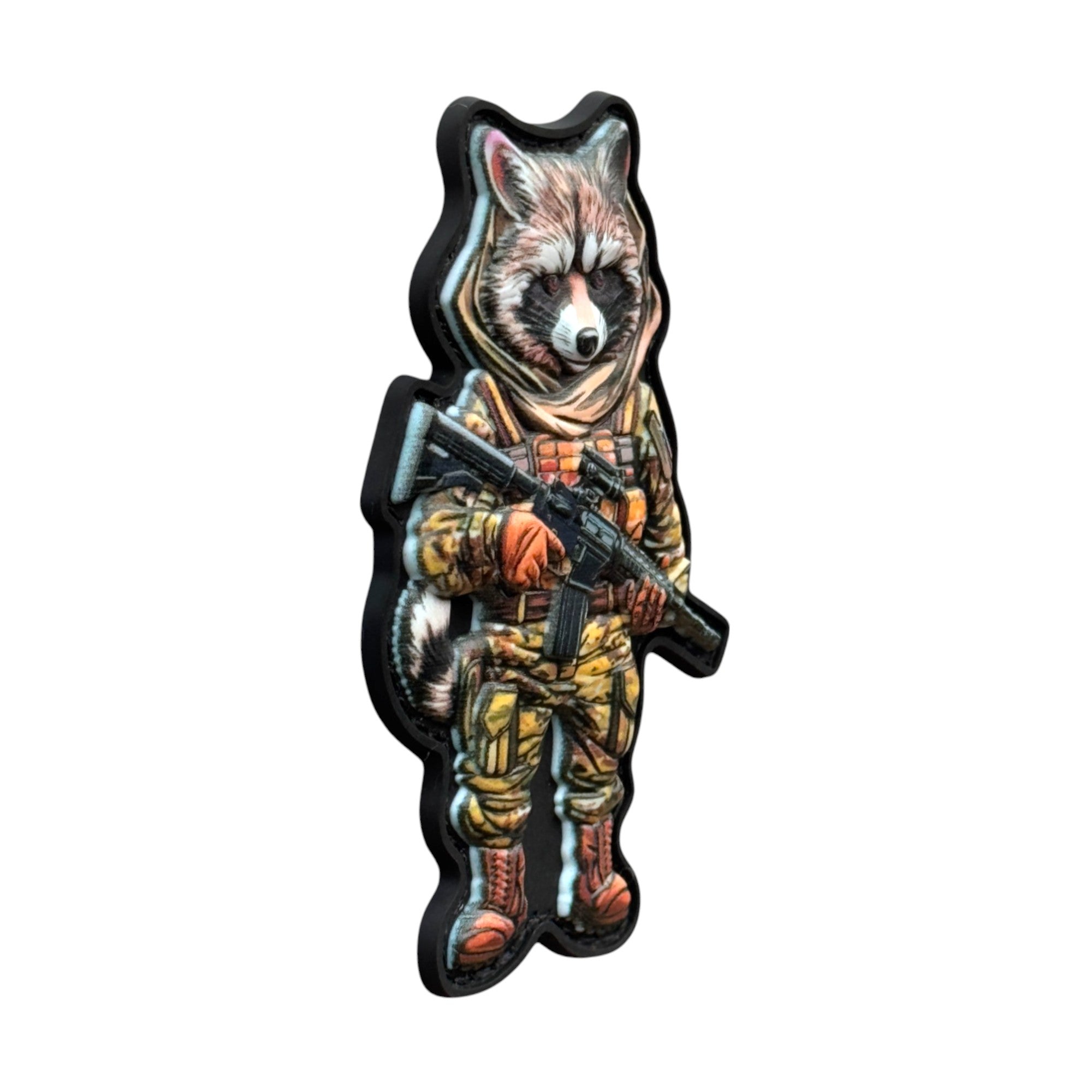 Raccoon in a human body wearing a tactical outfit and holding a rifle on a tactical military 3D PVC Hook and loop patch. Side view. Ideal for adding a unique and fun touch to your gear
