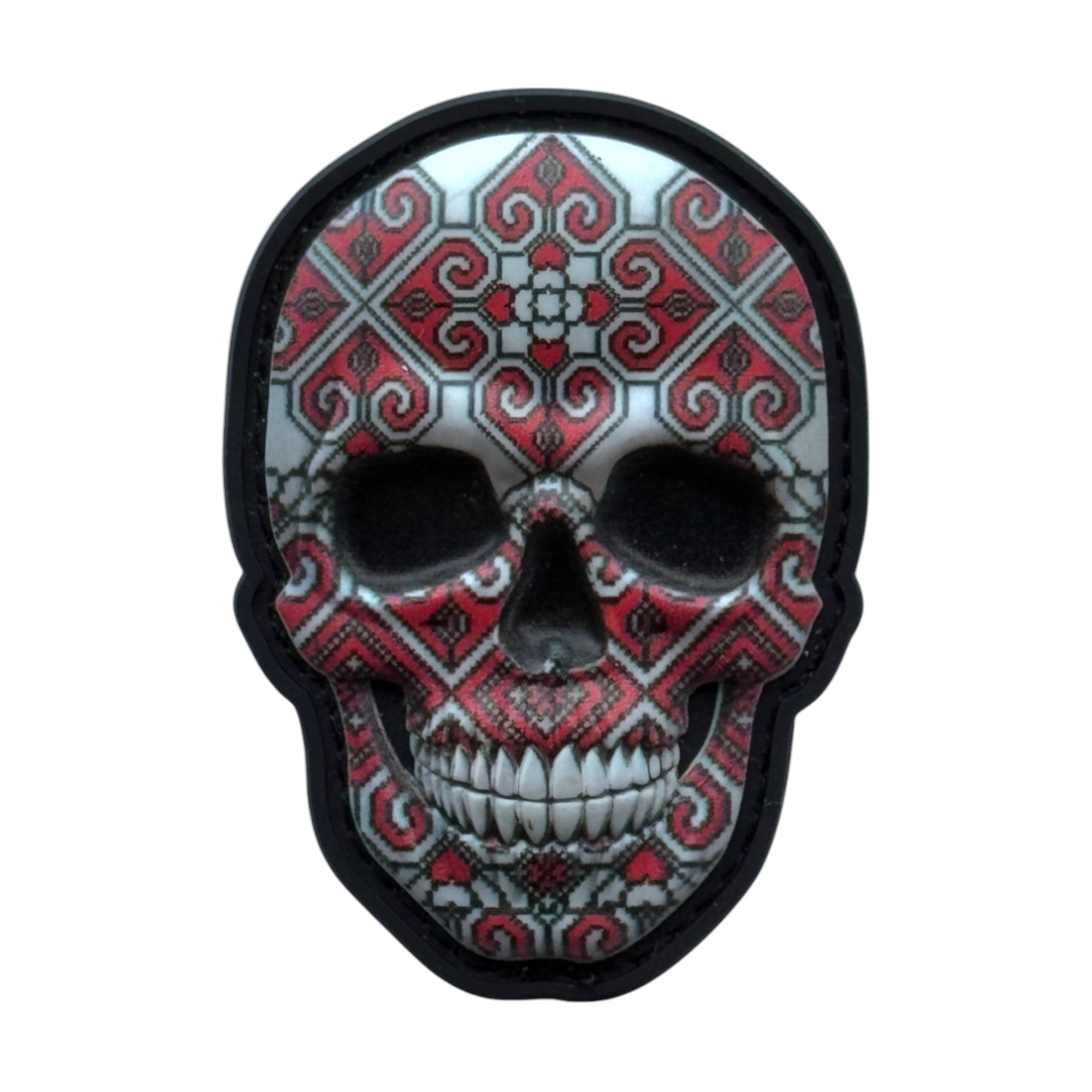 Red/white camo Mexican skull on tactical military 3D PVC Hook and loop patch.