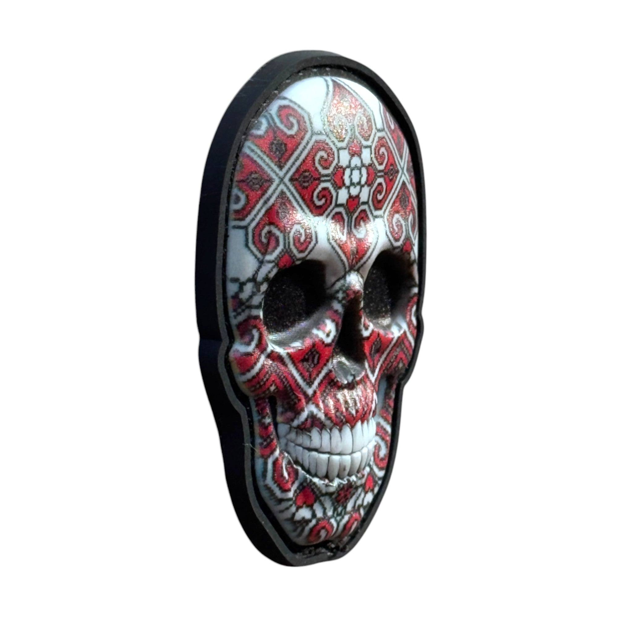 Red/white camo Mexican skull on tactical military 3D PVC Hook and loop patch. Side view