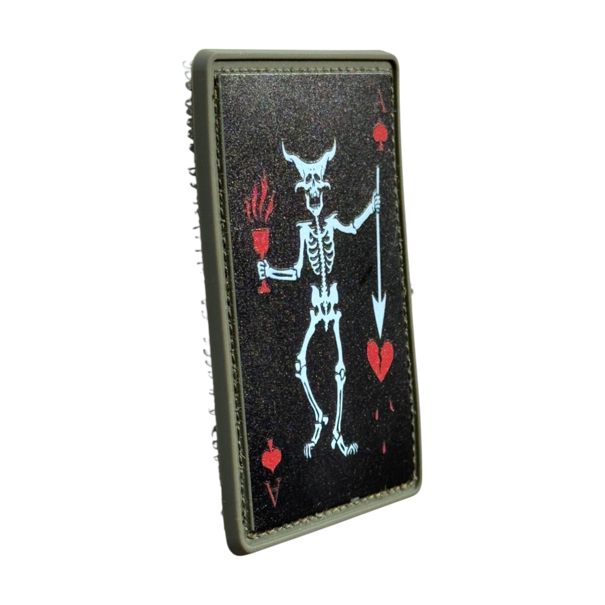 Skull on rectangle tactical military 3D PVC Hook and loop patch. Side view