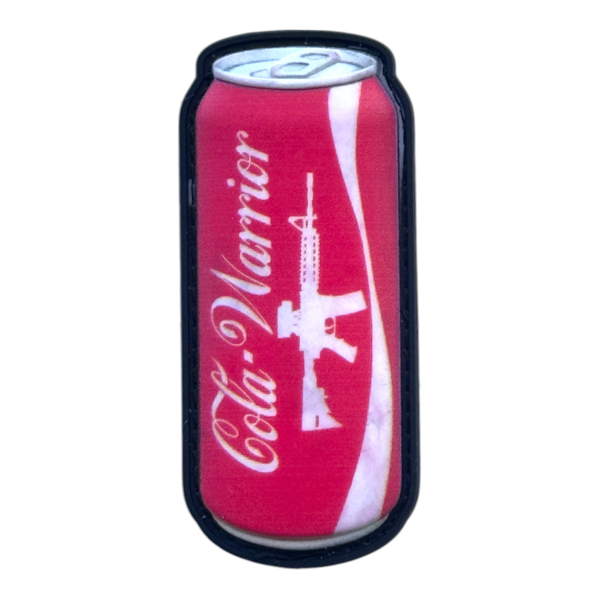 Soda can with COCA-COLA and riffle print. 3D PVC Velcro patch with hook and loop backing.