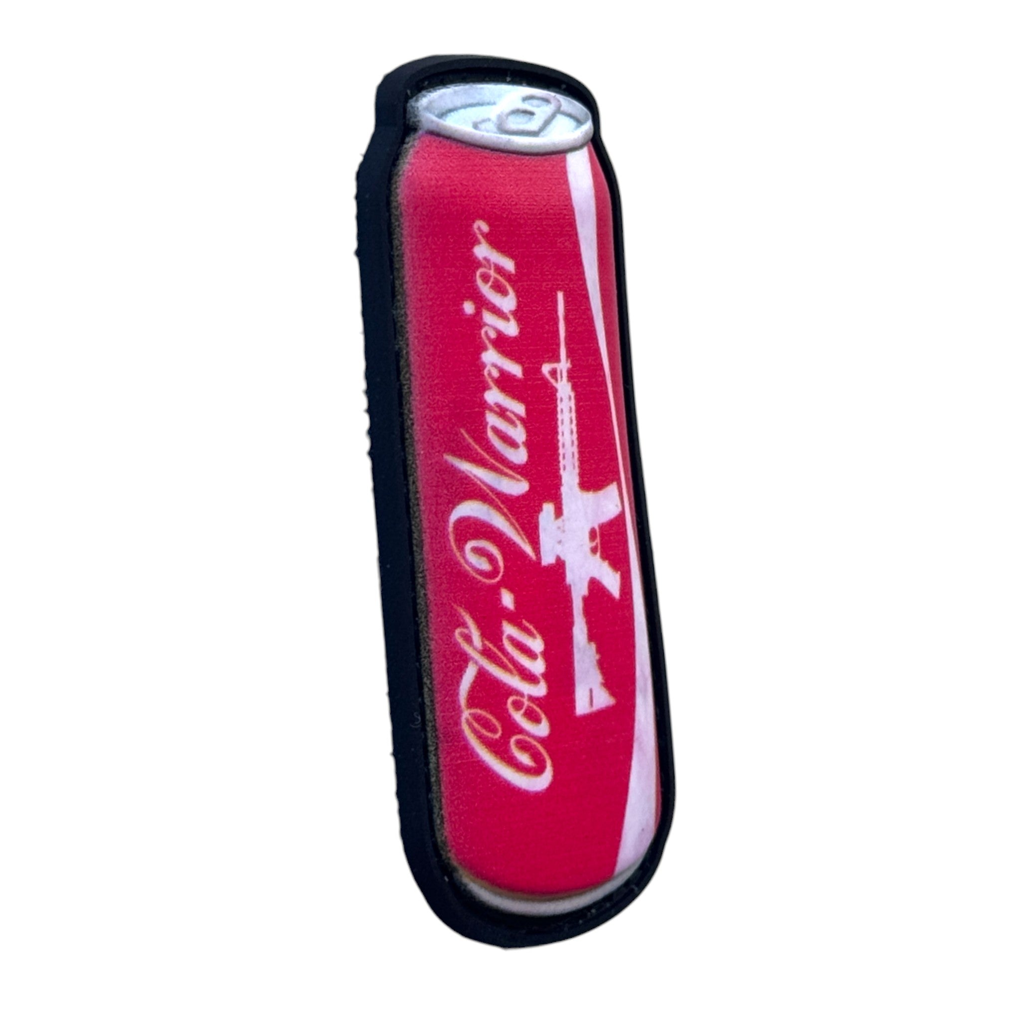 Soda can with COCA-COLA and riffle print. 3D PVC Velcro patch with hook and loop backing. ide view