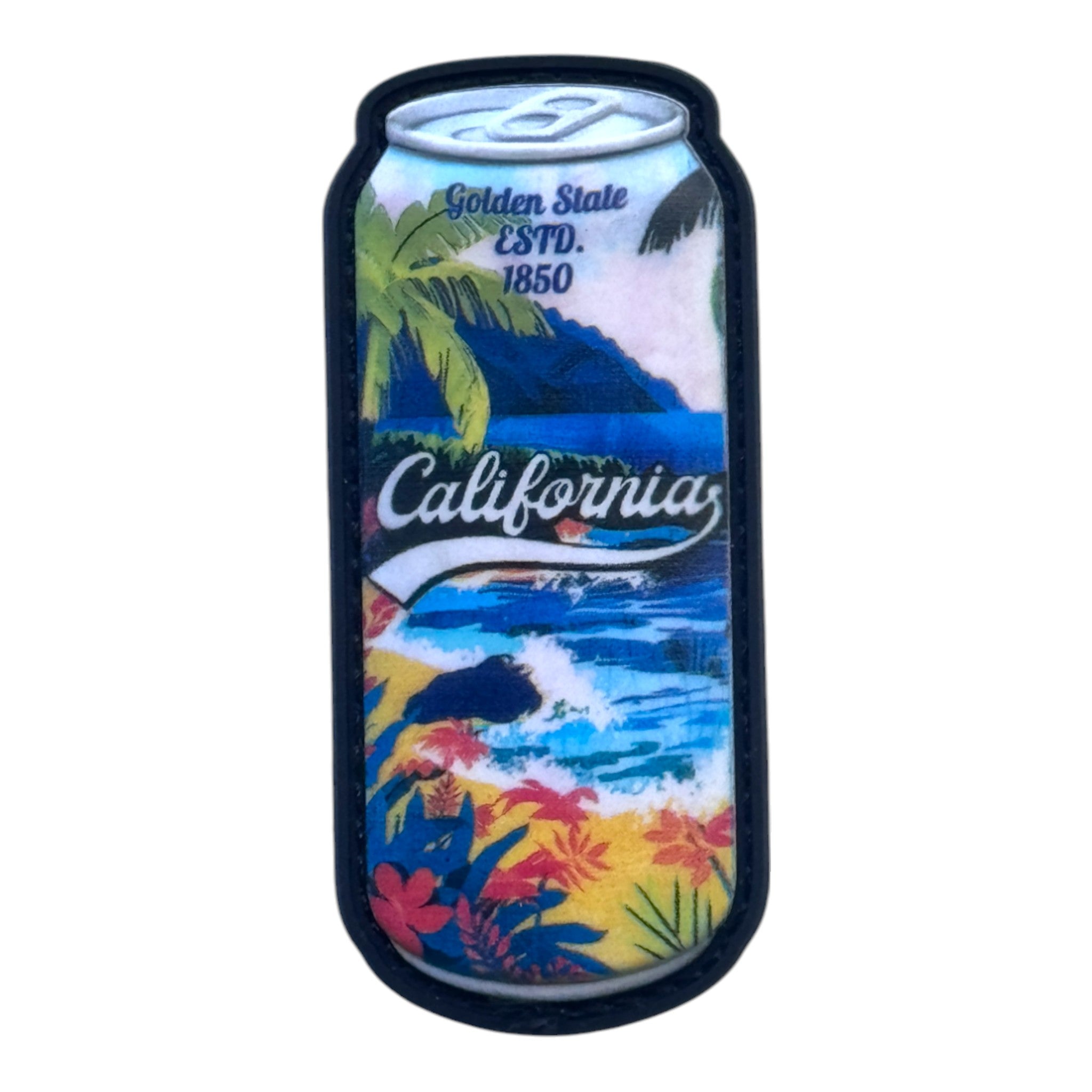 Soda can with beach print and text on it "California" 3D PVC Velcro patch with hook and loop backing.