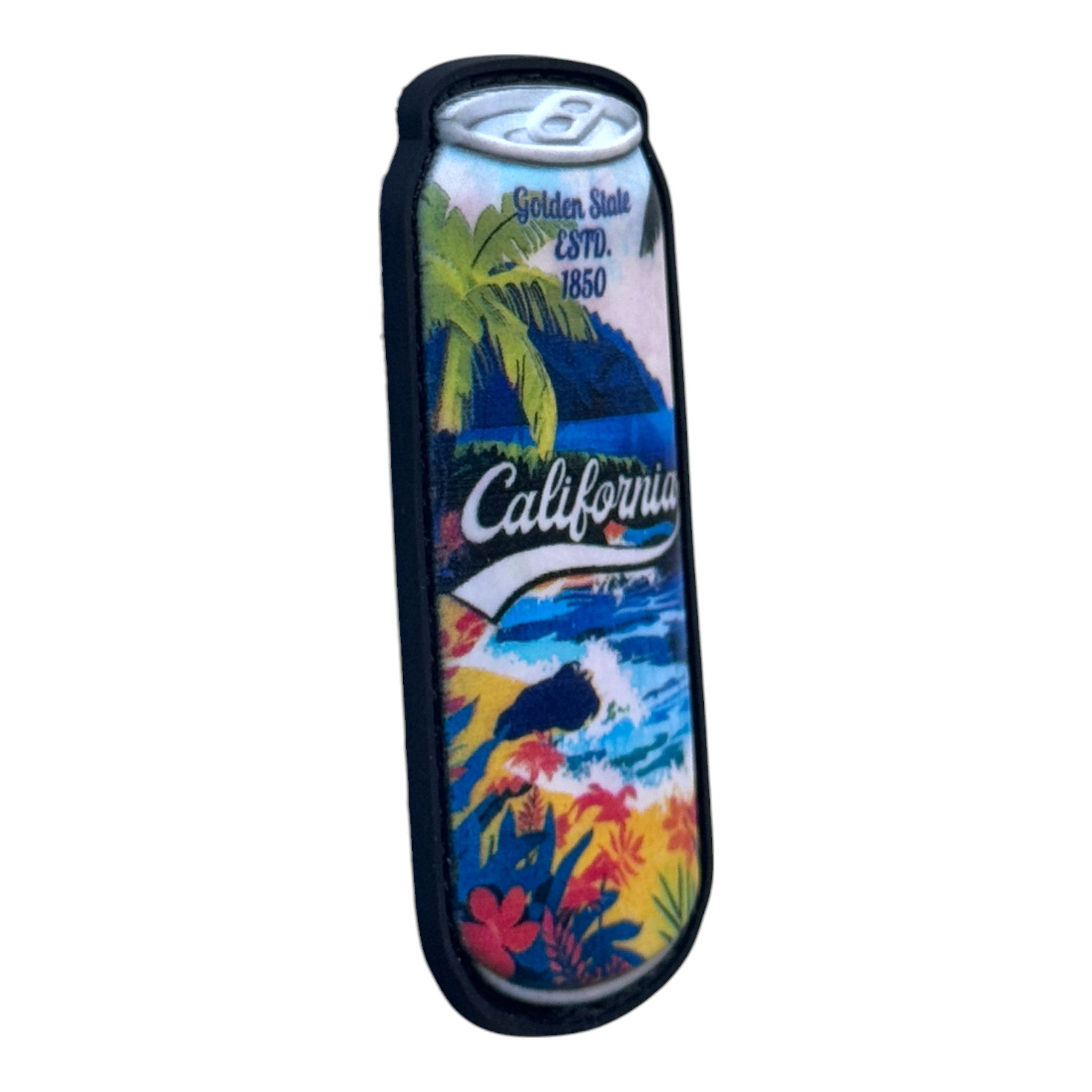 Soda can with beach print and text on it "California" 3D PVC Velcro patch with hook and loop backing. Side view